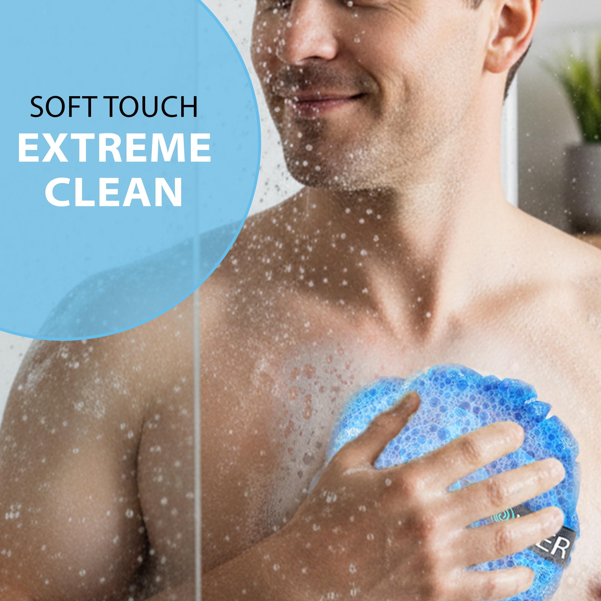 Loofah Gąbka do kąpieli - głęboki zestaw-XL-75 g od bukietu prysznicowego - bardzo duże 4 opakowania, miękka siatka z siatki Luffa Loofa Loufa Puff - złuszczający peeling do ciała dla kobiet i mężczyzn: kojący złuszczacz do twarzy i ciała