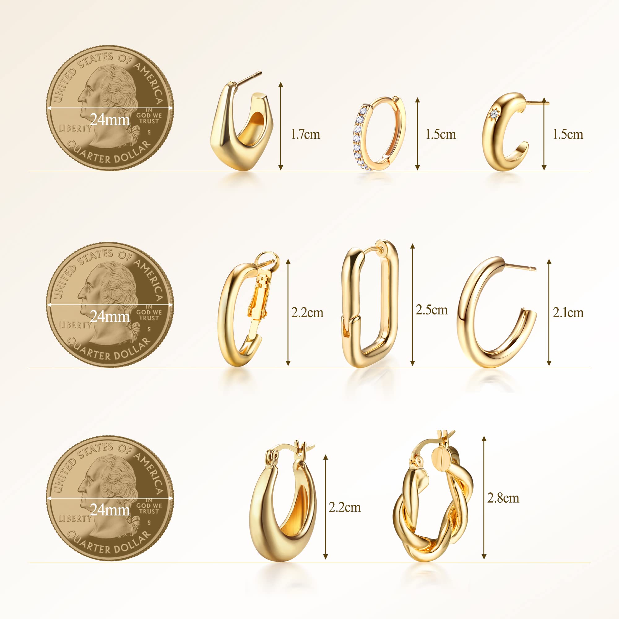 Dochais 8 Paia Orecchini a Cerchio Oro, Ipoallergenico, Chunky Gold Hoop Earrings, Intrecciati, Donna, Dorati