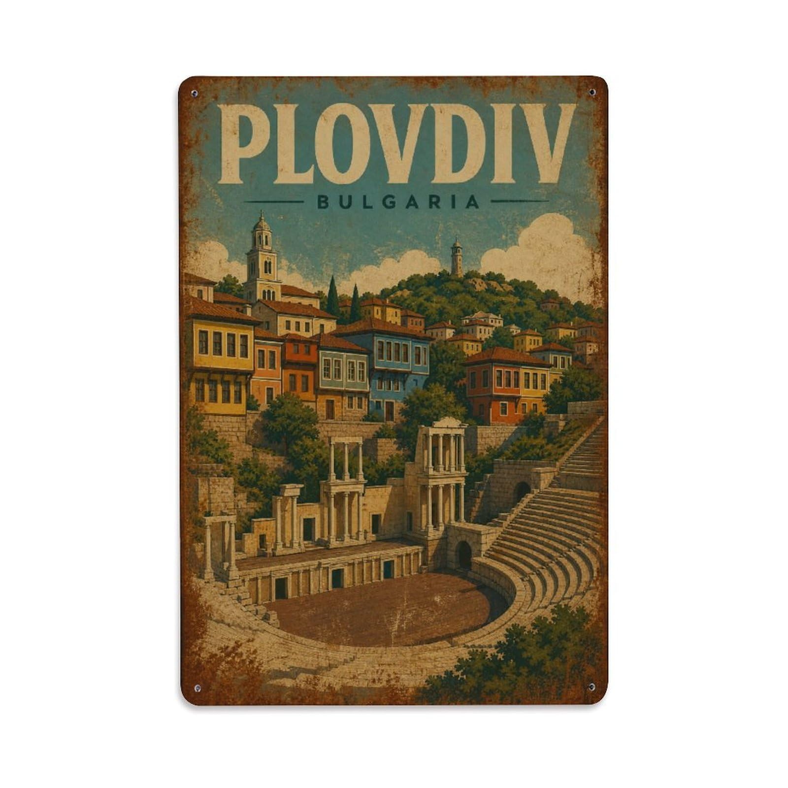Metal Tin Sign Travel Vintage Bulgaria Plovdiv