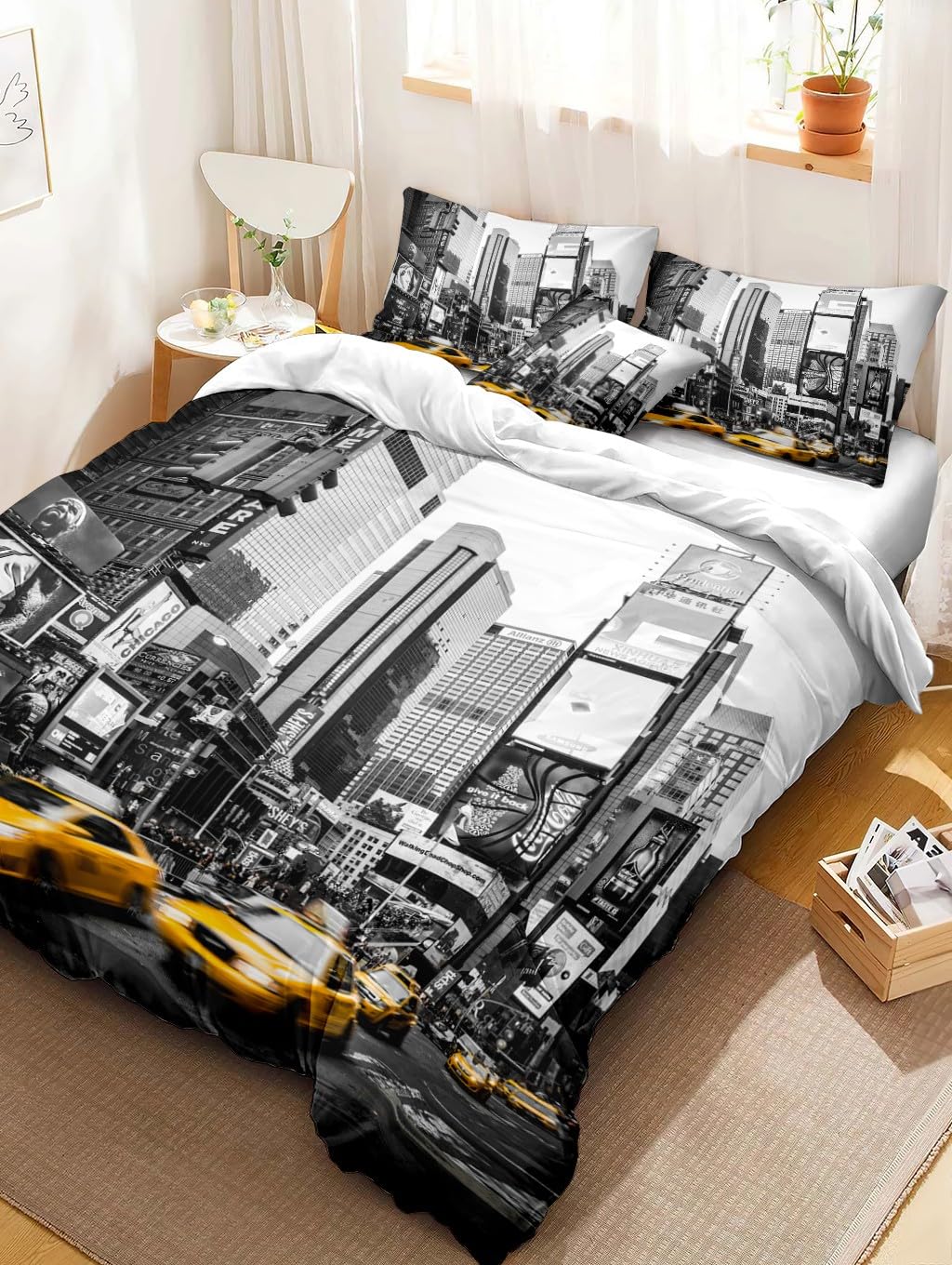 Parure de Lit Taxi New-Yorkais Housse de Couette 220x240 cm avec 2 Taies d'oreiller 65x65 cm, Doux Housse Couette 2 Personnes en Microfibre Imprimée avec Fermeture Éclair
