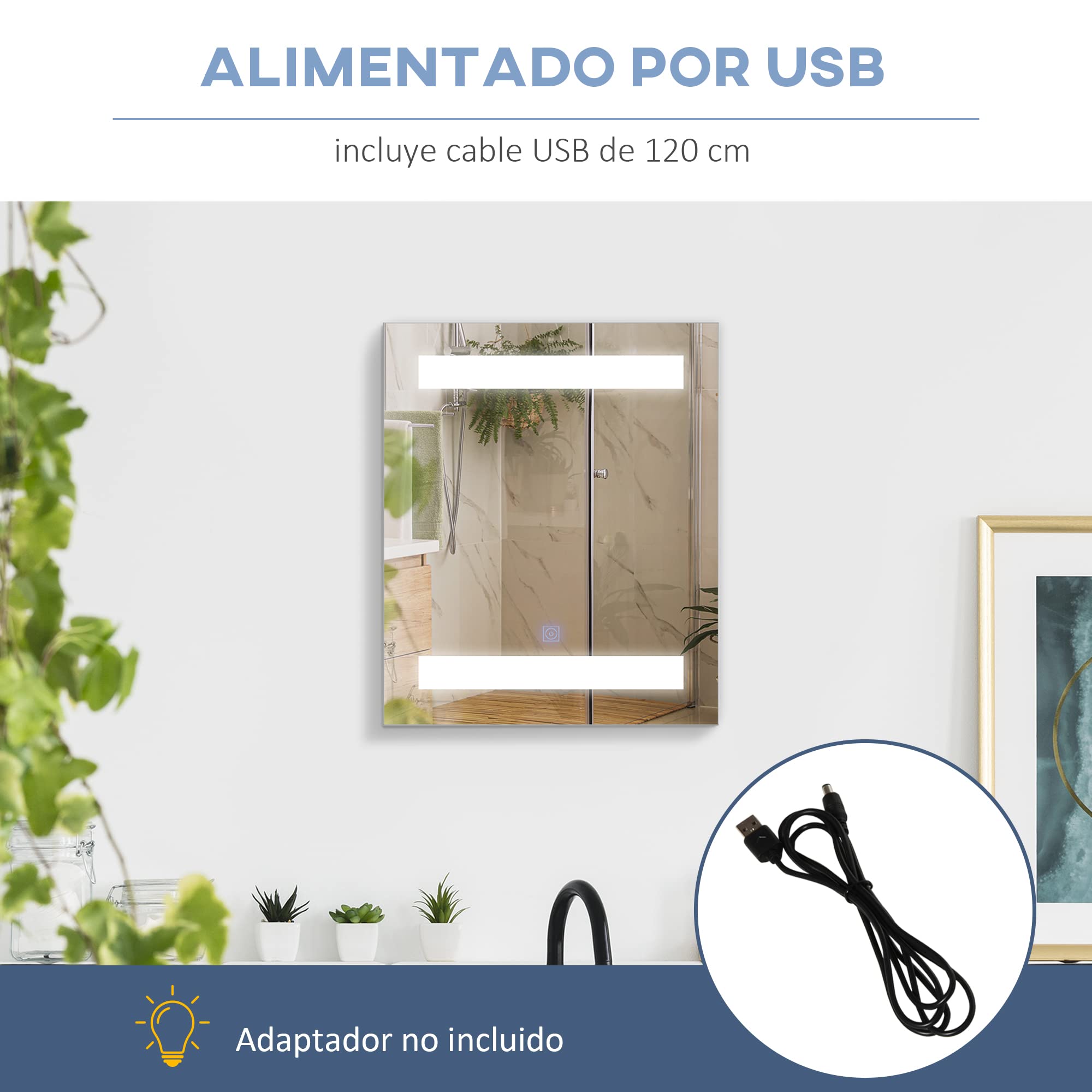 HOMCOM Armario de Baño con Espejo y Luz LED Mueble Espejo de Pared con 2 Estantes de Almacenamiento e Interruptor Táctil para Dormitorio Aseo 50x15x60 cm Blanco