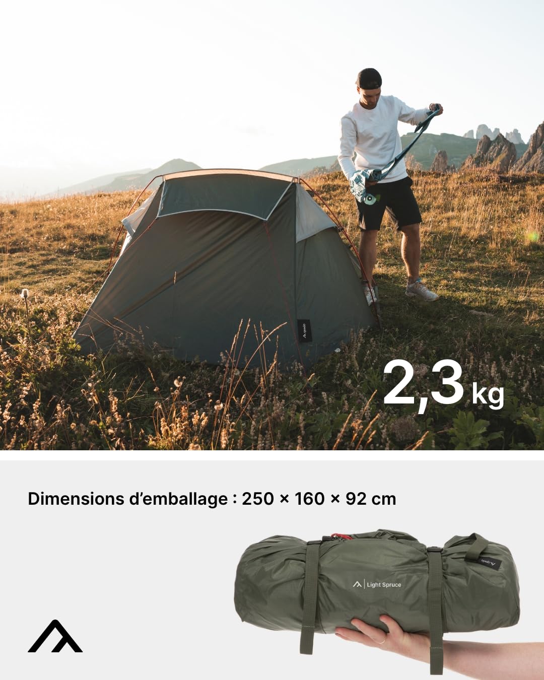 qeedo Light Spruce S/M - Tente Tunnel Ultra légère - Tente de randonnée 1/2 Personnes - Tente de Camping pour Trekking - Petite, compacte, imperméable, Montage Rapide