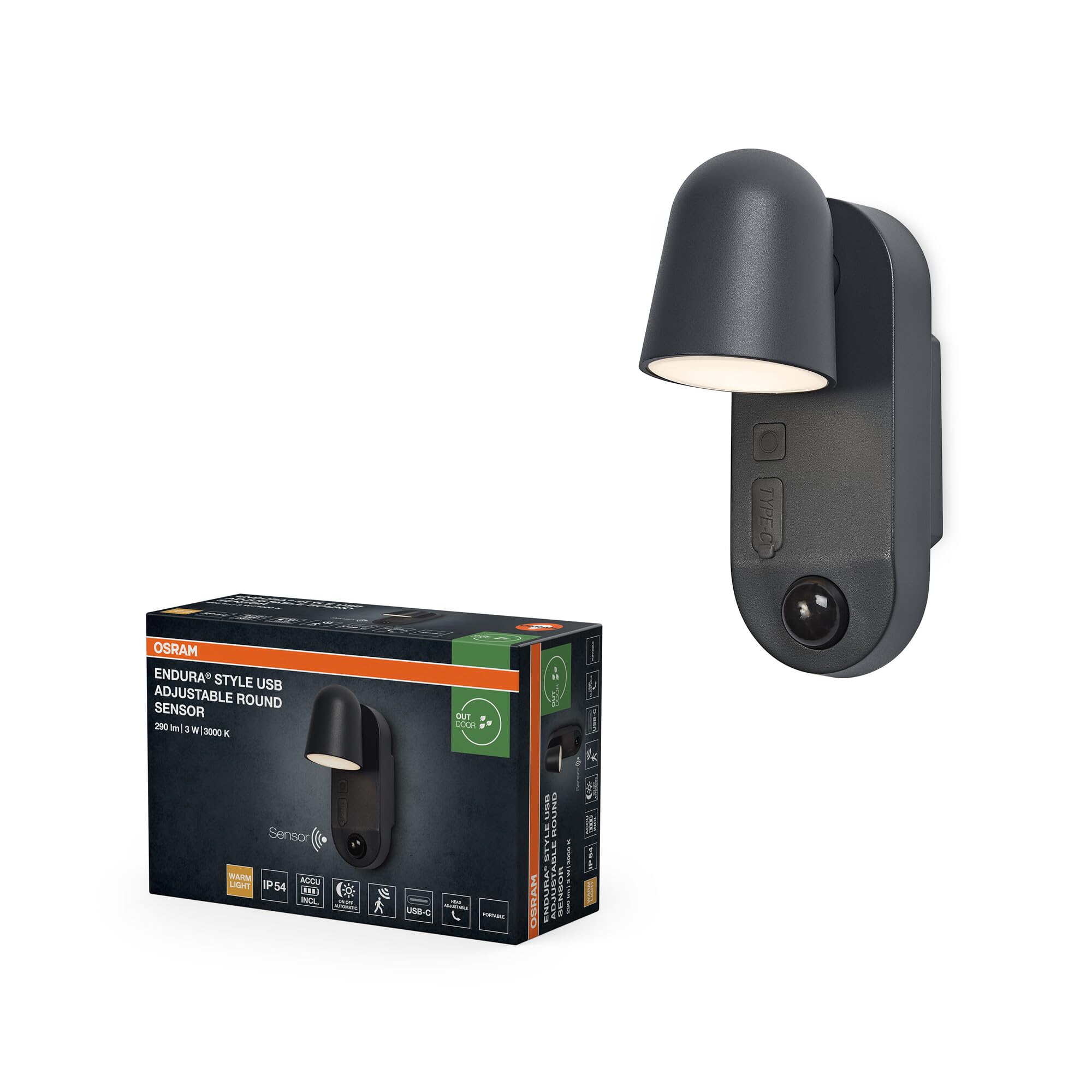 Osram Endura Style USB Adjustable Round Sensor IP54 Dark Grey
