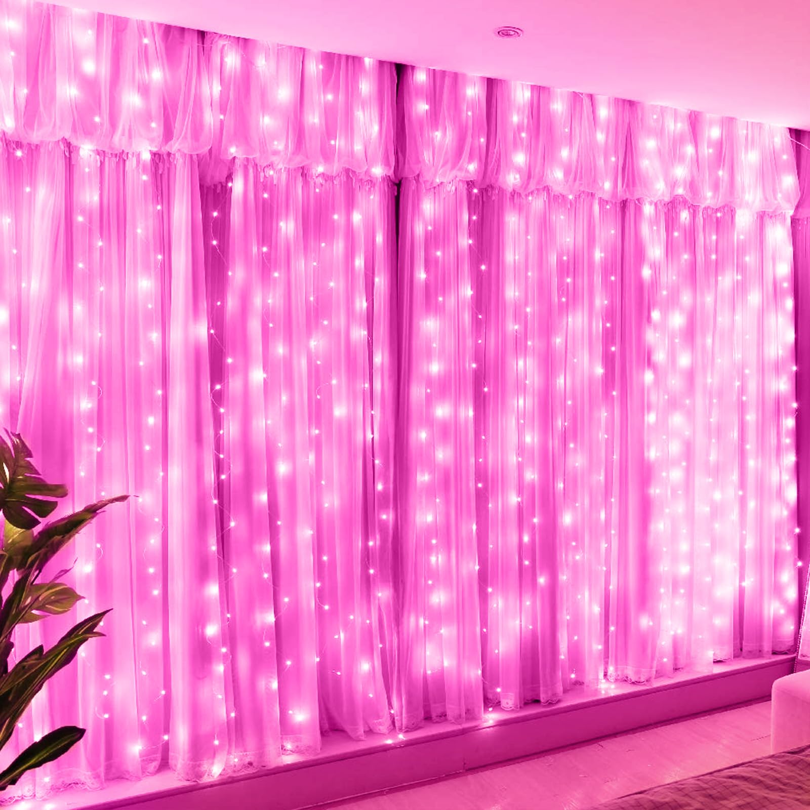 Brightown 300 LED Curtain Lights for Bedroom 9.8 FT Hanging Window Lights with Remote, Connectable, 8 Modes, Waterproof Fairy Lights for Outdoor Indoor Valentine's Day Christmas Holiday Party, Pink