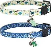Giecooh Breakaway Cat Collars, 2 Pack Soft Cotton with Bells & Cute Dinosaur Designs for Kittens & Cats