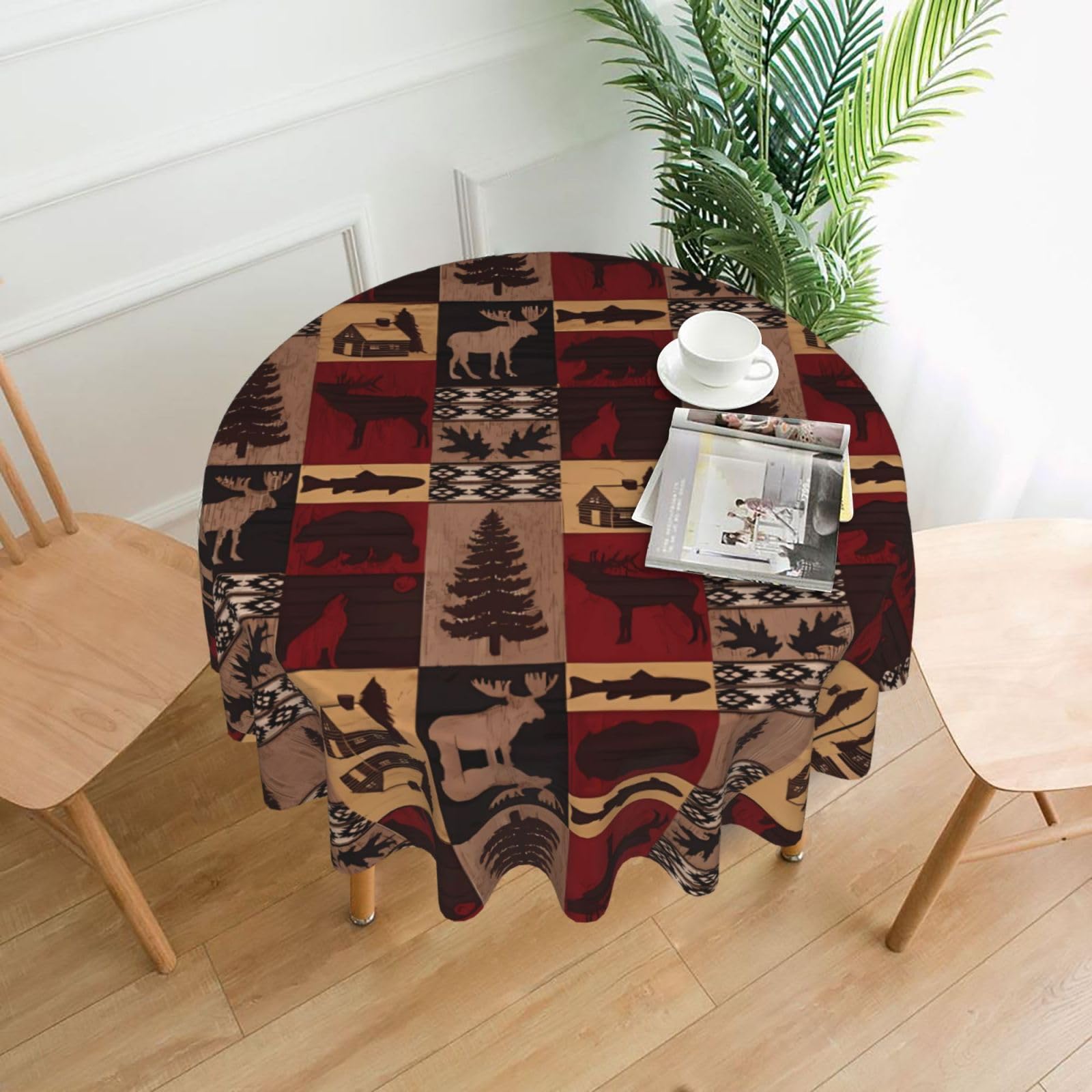 hhxvcv Lodge Bear Deer Fish Round Tablecloth – Dining Table Cover