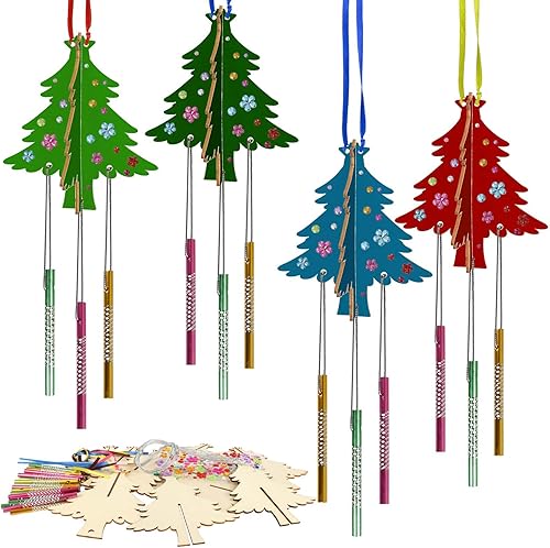 KATOOM Paquete de 6 carillones de viento para niños, kits de manualidades de Navidad, bricolaje 3D, carillón de viento de madera sin terminar,