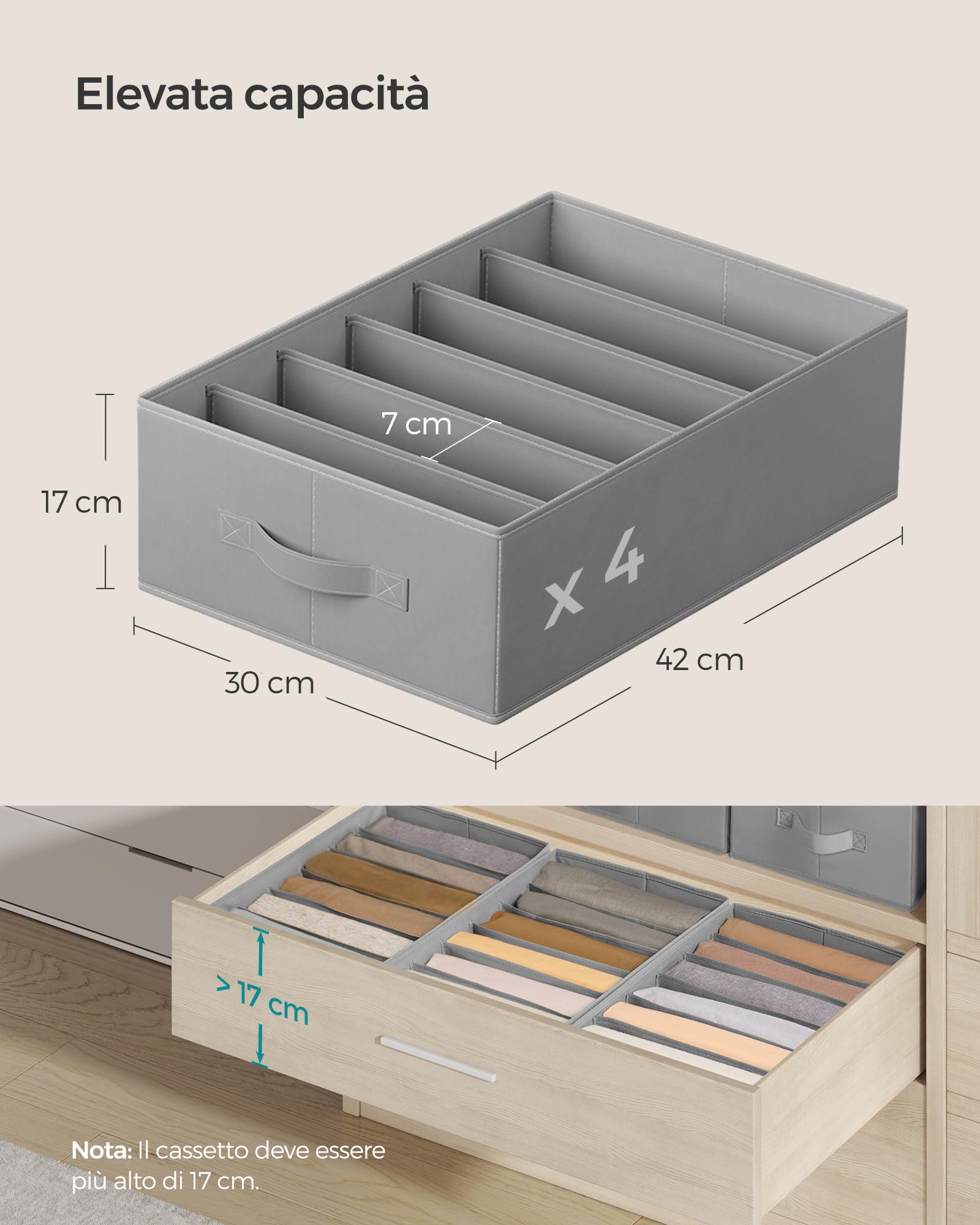 SONGMICS Set di 6 Organizer Cassetti a 6 Scomparti, Scatole per Biancheria Pieghevoli, Organizzatori Contenitori per Armadio Guardaroba, 42 x 30 x 17 cm, Pantaloni Vestiti, Grigio Tortora RUS009G03