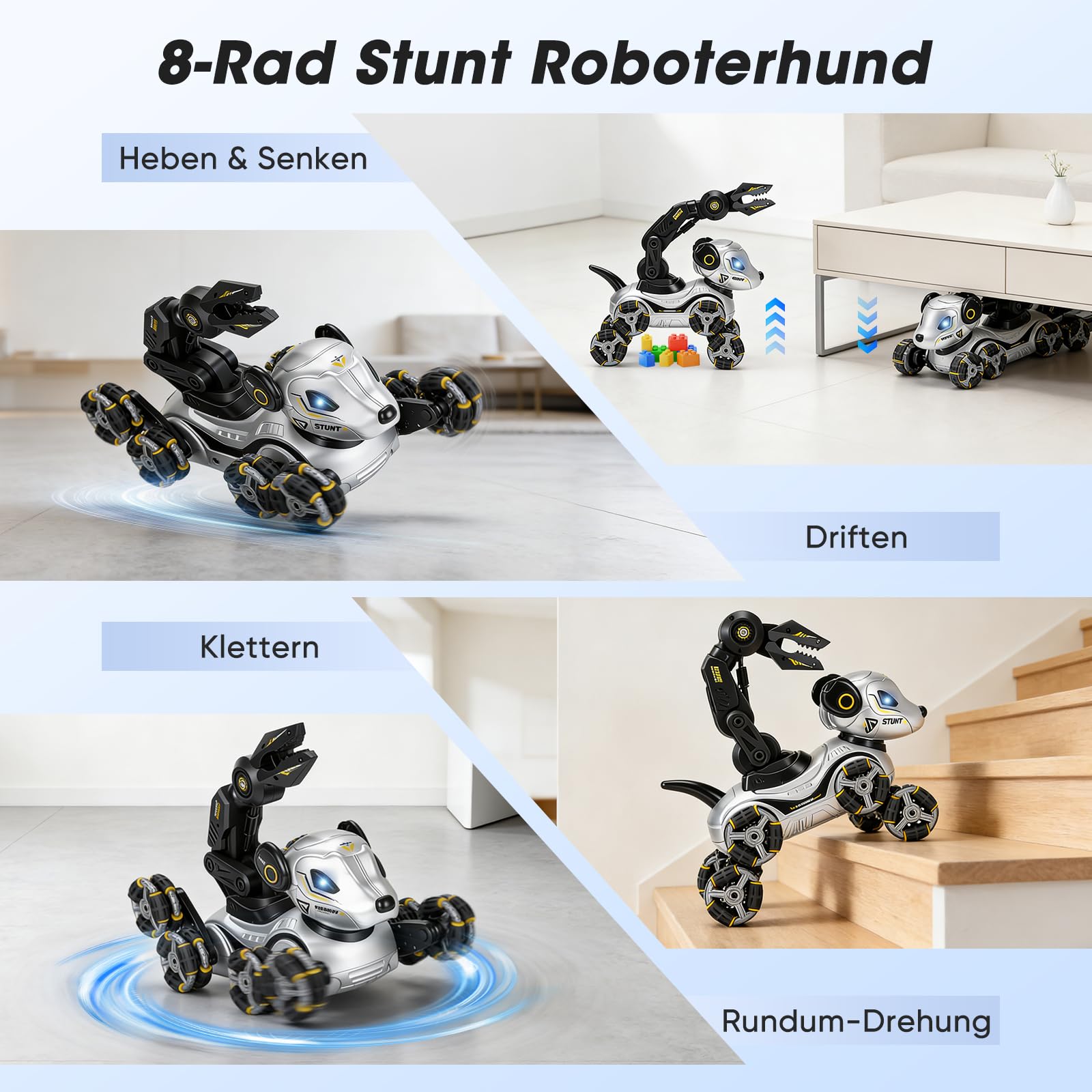 Roboter Hund Kinder – Interaktiver RC Roboterhund mit Gestensteuerung Uhr, Greifarm, 8-Rad Stunts, Licht & Musik, Programmierung, Doppelakku - Robot Dog für Mädchen Jungen 3-12 Jahre