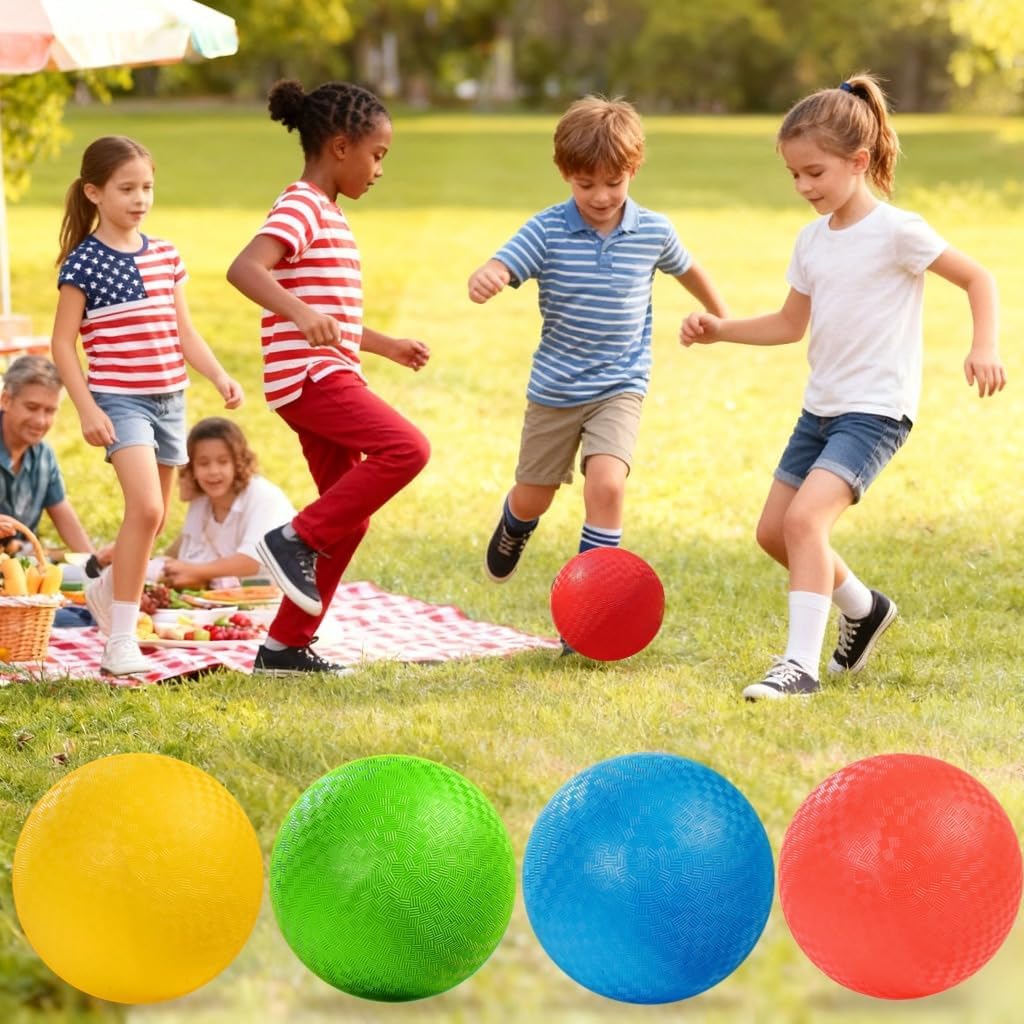Playground Balls 4 Pack - 8.5 Inch for Kids Outdoor Dodgeball Kickball Handball Game with Hand Pump