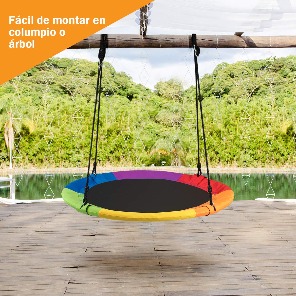 COSTWAY Columpio Nido Niños Columpio Redondo Diámetro 100cm Altura Ajustable Carga hasta 150 kg (Colorido)