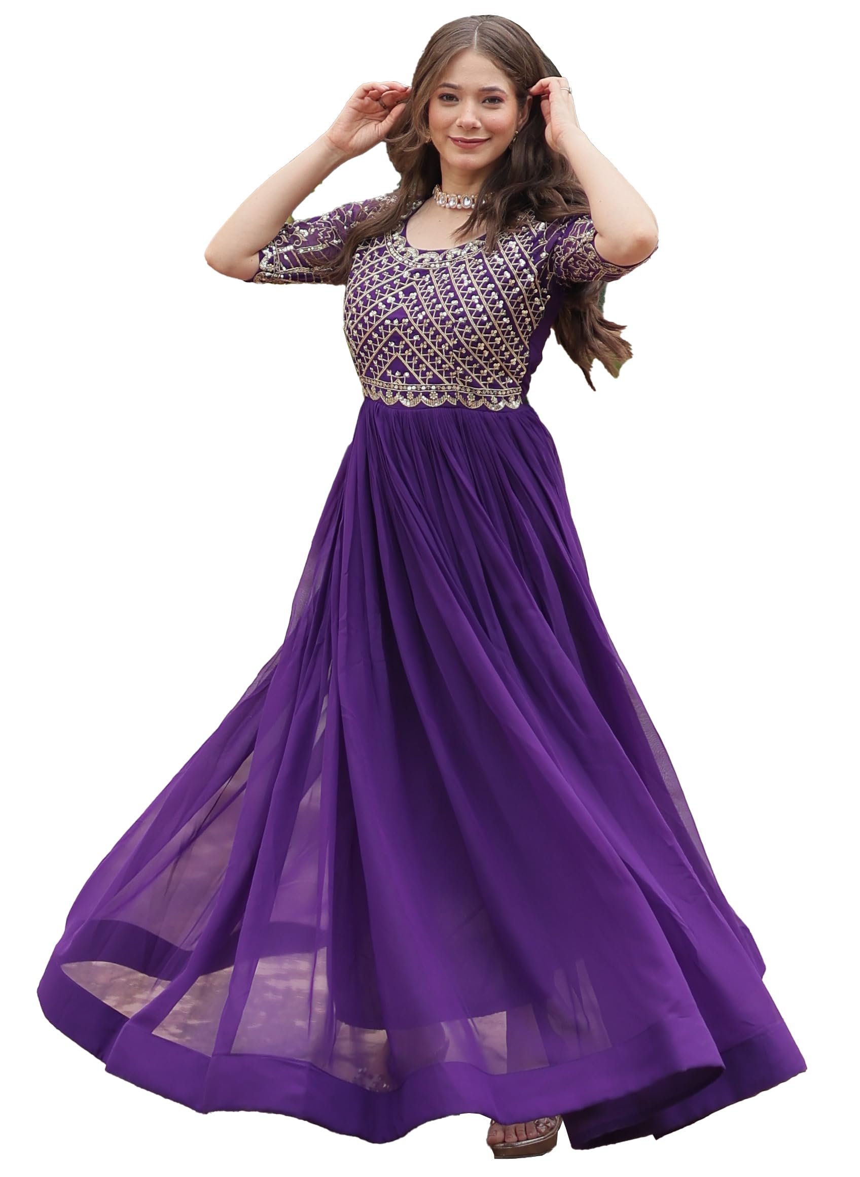 Fashion Basket Georgette Embroidered Anarkali Gown For Women Purple