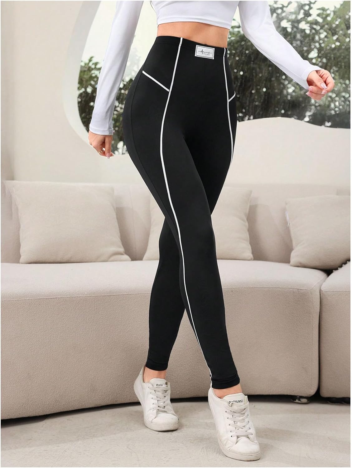 SOLY HUX Women's High Waisted Leggings Contrast Binding Letter Patched Workout Running Yoga Pants - Image 4