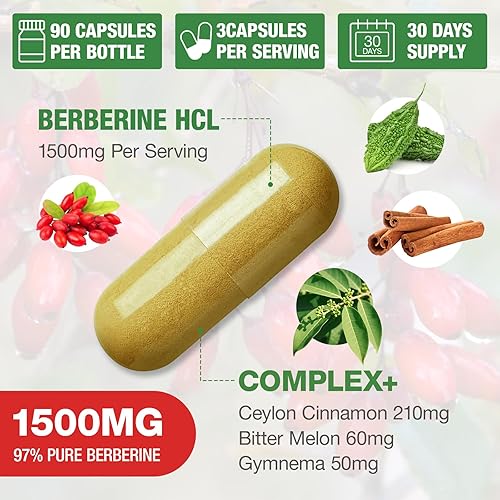Miniatura 2 de Suplemento de berberina de 1500 mg – Berberina HCl de primera calidad 97% pureza Berberina más canela pura de Ceilán, sin OMG vegano 0507