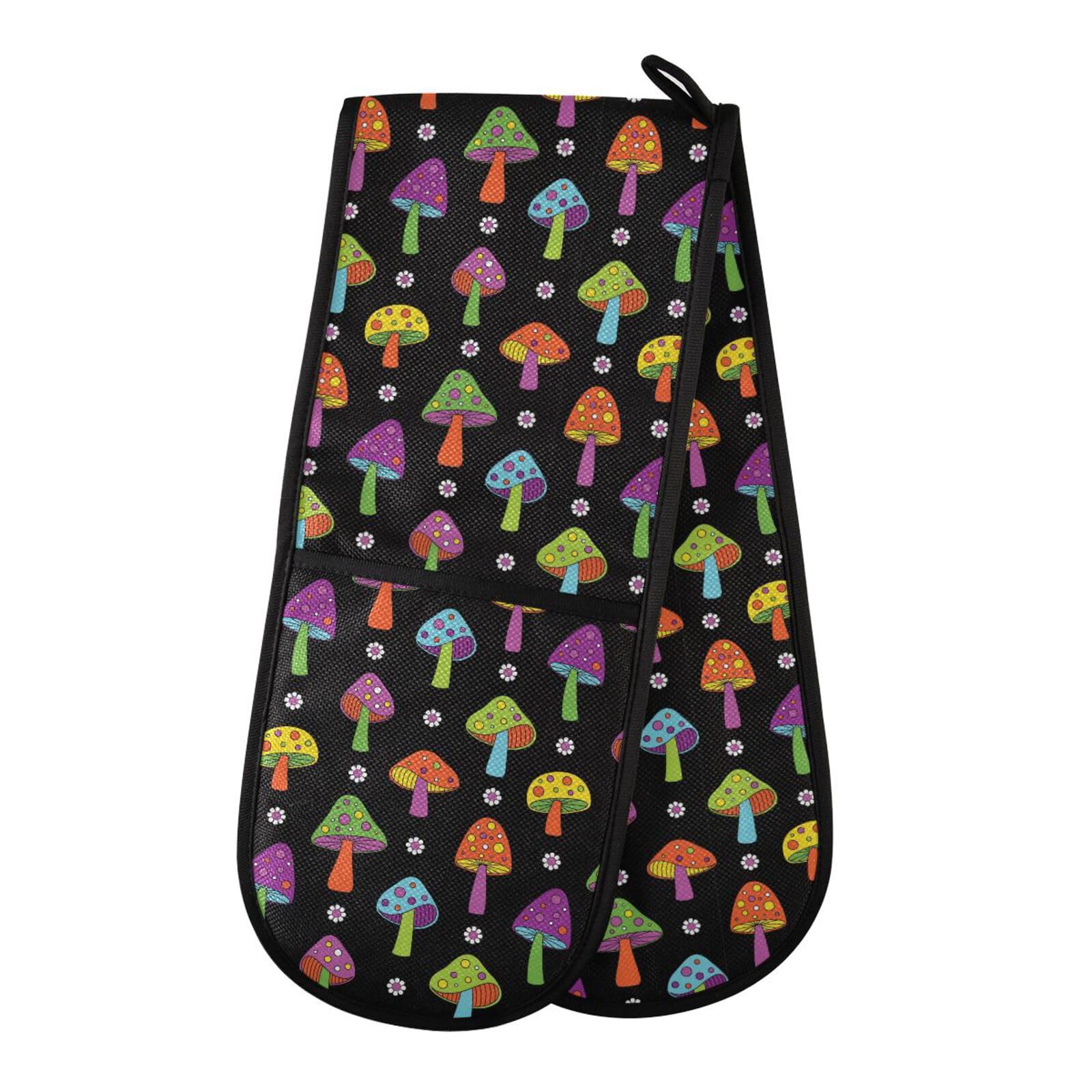 Double Oven Gloves Colorful Mushrooms Heat Resistant Pot Holder Oven Mitt Gloves for BBQ Cooking Baking Grilling Microwave