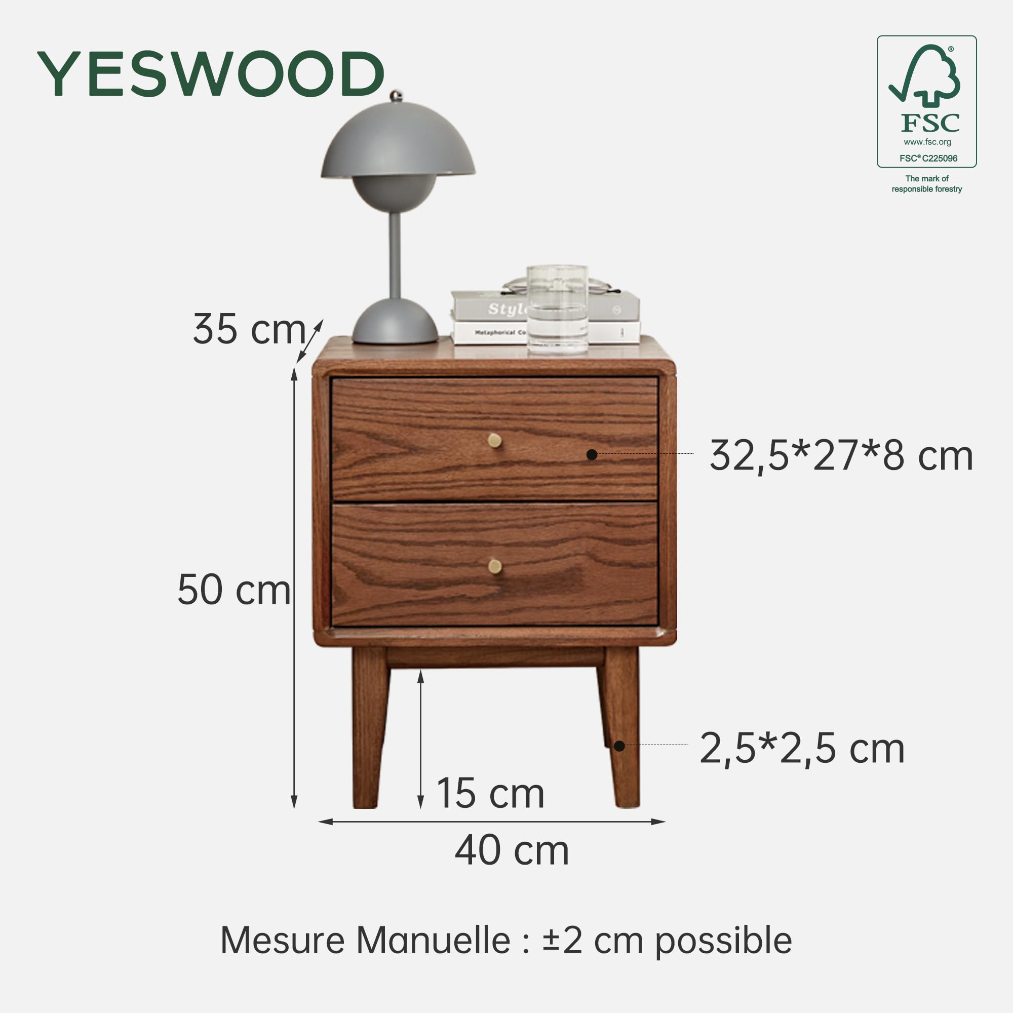 YESWOOD Table de Chevet en Chêne Massif, Noyer