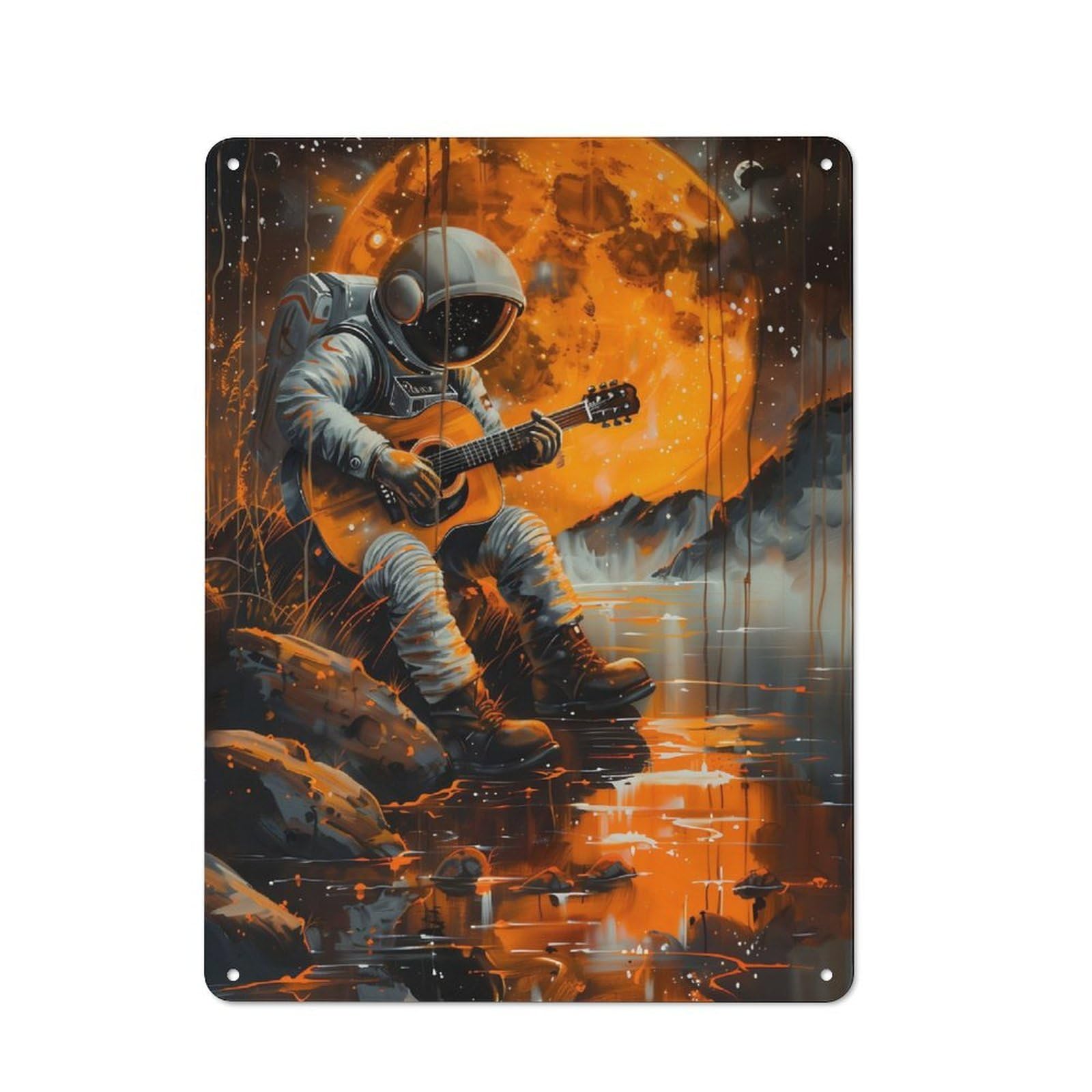 Junmoney Astronaut Orange Moonlight Tin Sign 40X30cm With For Workshop Wall, Rustic Decor, Autumn Room Decor For Fans Of Metal Wall Signs