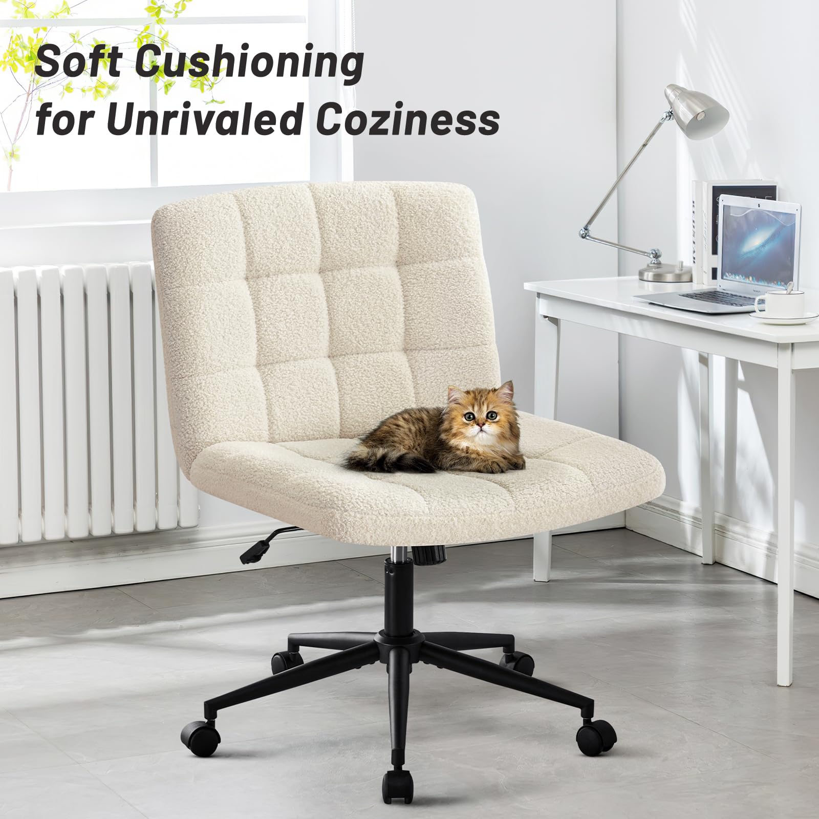 Hellove Bürostuhl Schreibtischstuhl mit breiter Sitzfläche, Ergonomischer Schneidersitz Stuhl ohne Armlehnen Höhenverstellbarer Schneidersitz Drehstuhl für Home Office, Beige