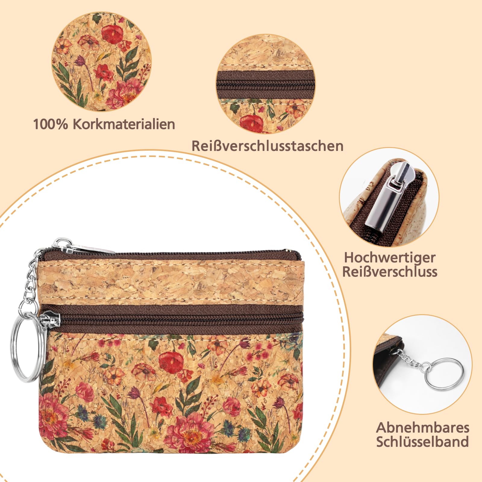 Boshiho Geldbörse aus Kork, umweltfreundlich, mit Reißverschluss und Schlüsselring (#N)