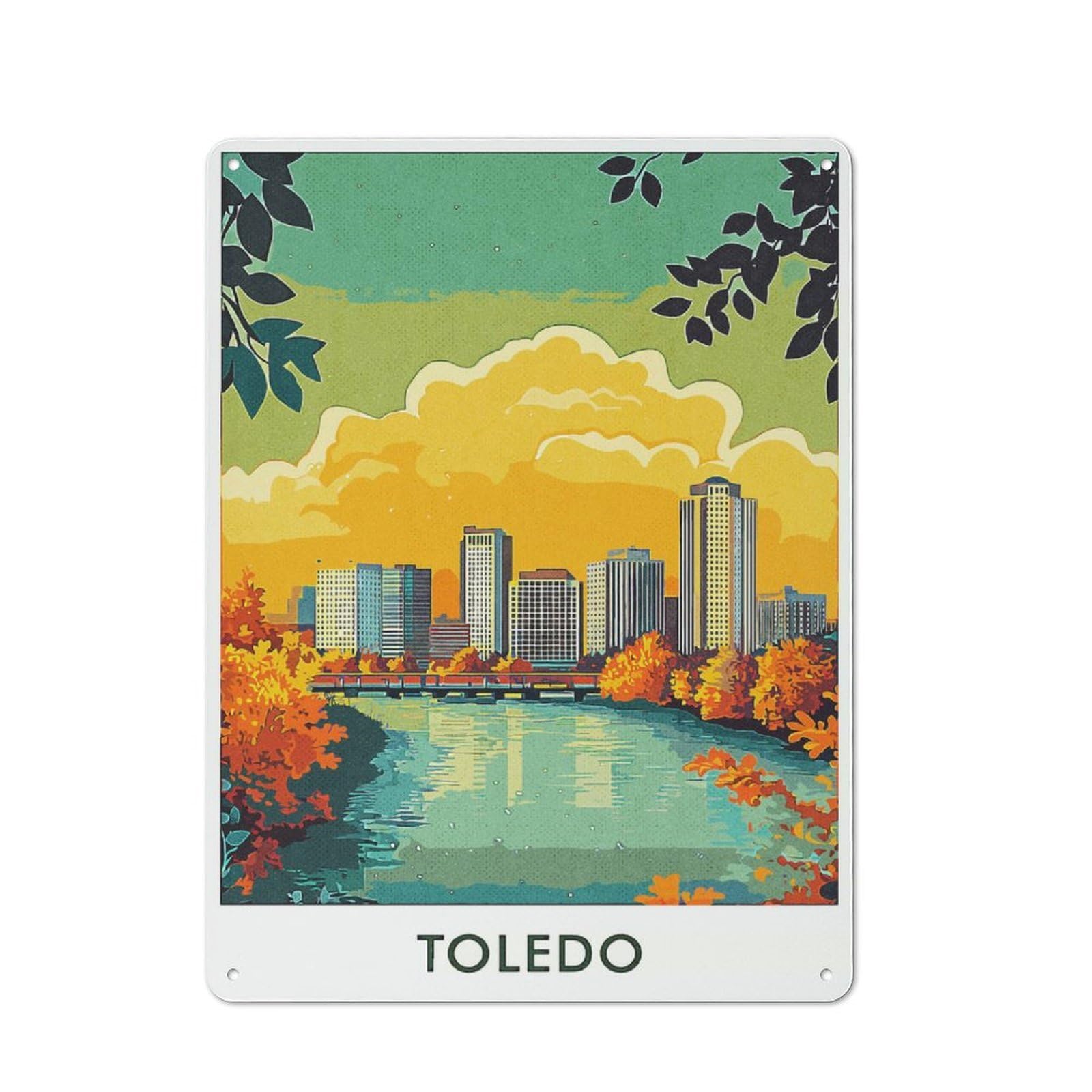 Barn Style Farmhouse Metal Sign 40x30cm Featuring Toledo Skyline, Cottage Wall Art for Kitchen, Cottage, Porch Or Garden Room