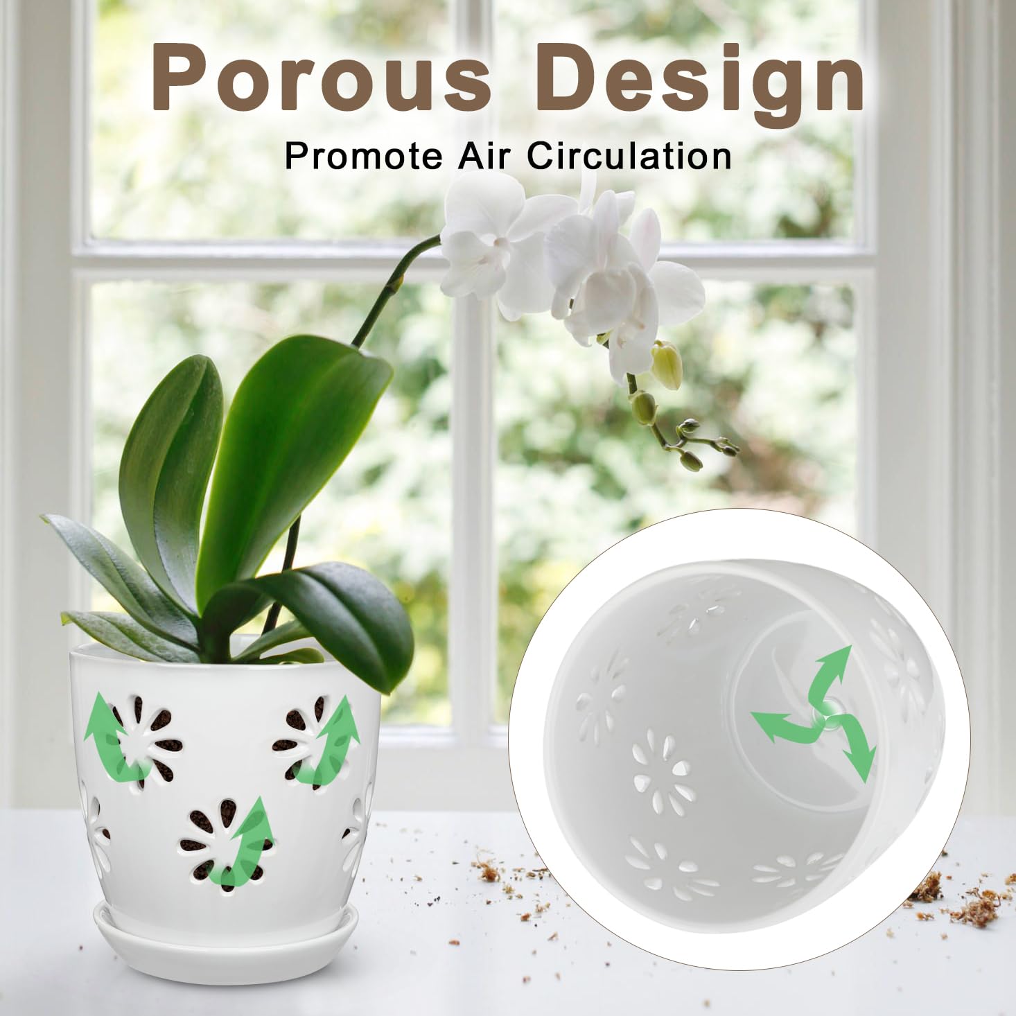 Oairse Pot de fleurs creux en céramique de 15 cm de diamètre avec trou de drainage et soucoupe - Pot en céramique pour plantes d'intérieur - Décoration rétro pour jardinières en plein air