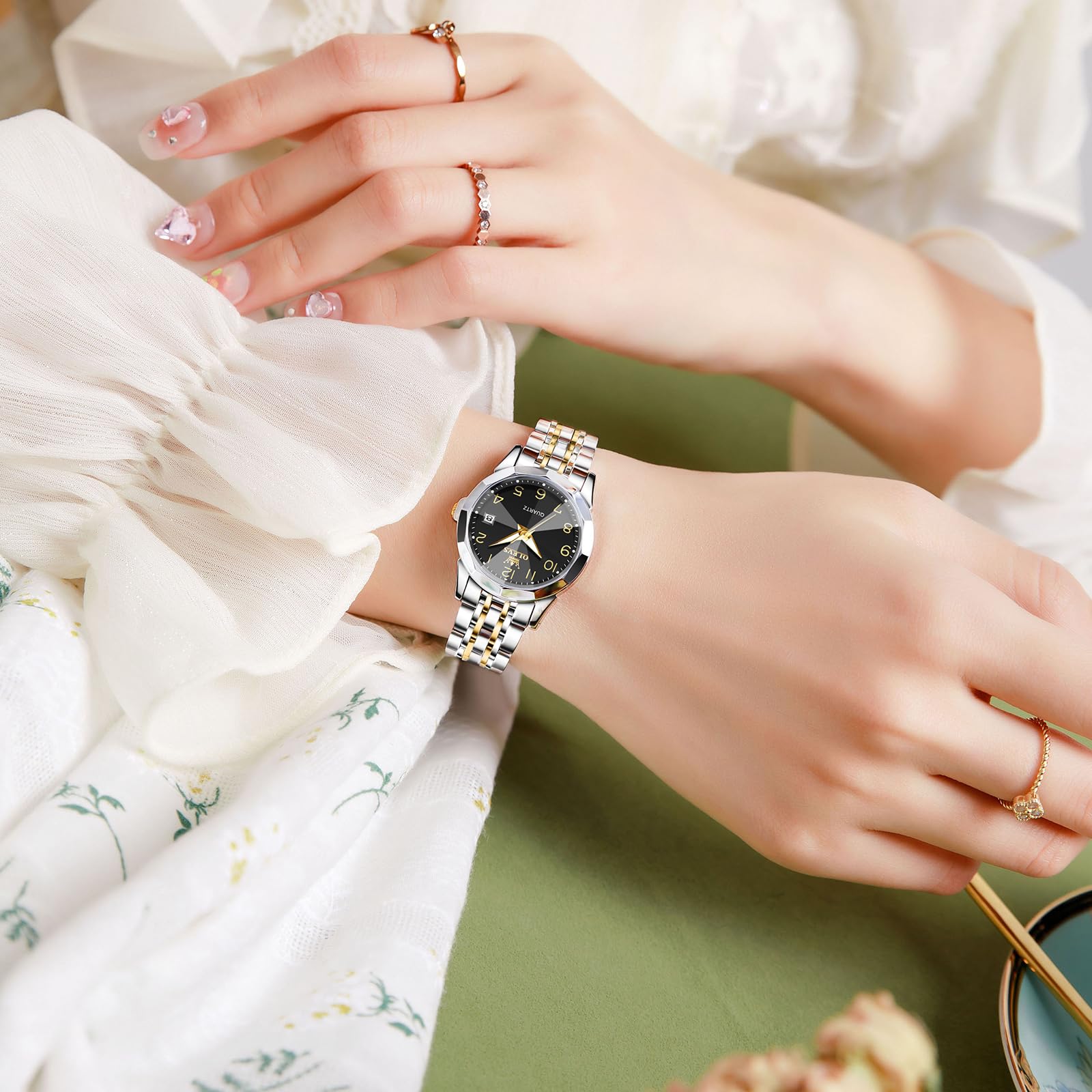 OLEVS Reloj de pulsera para mujer, correa de acero inoxidable, moderno, analógico, cuarzo, números arábigos, fácil de leer, luminoso, resistente al agua, con esfera pequeña y fecha