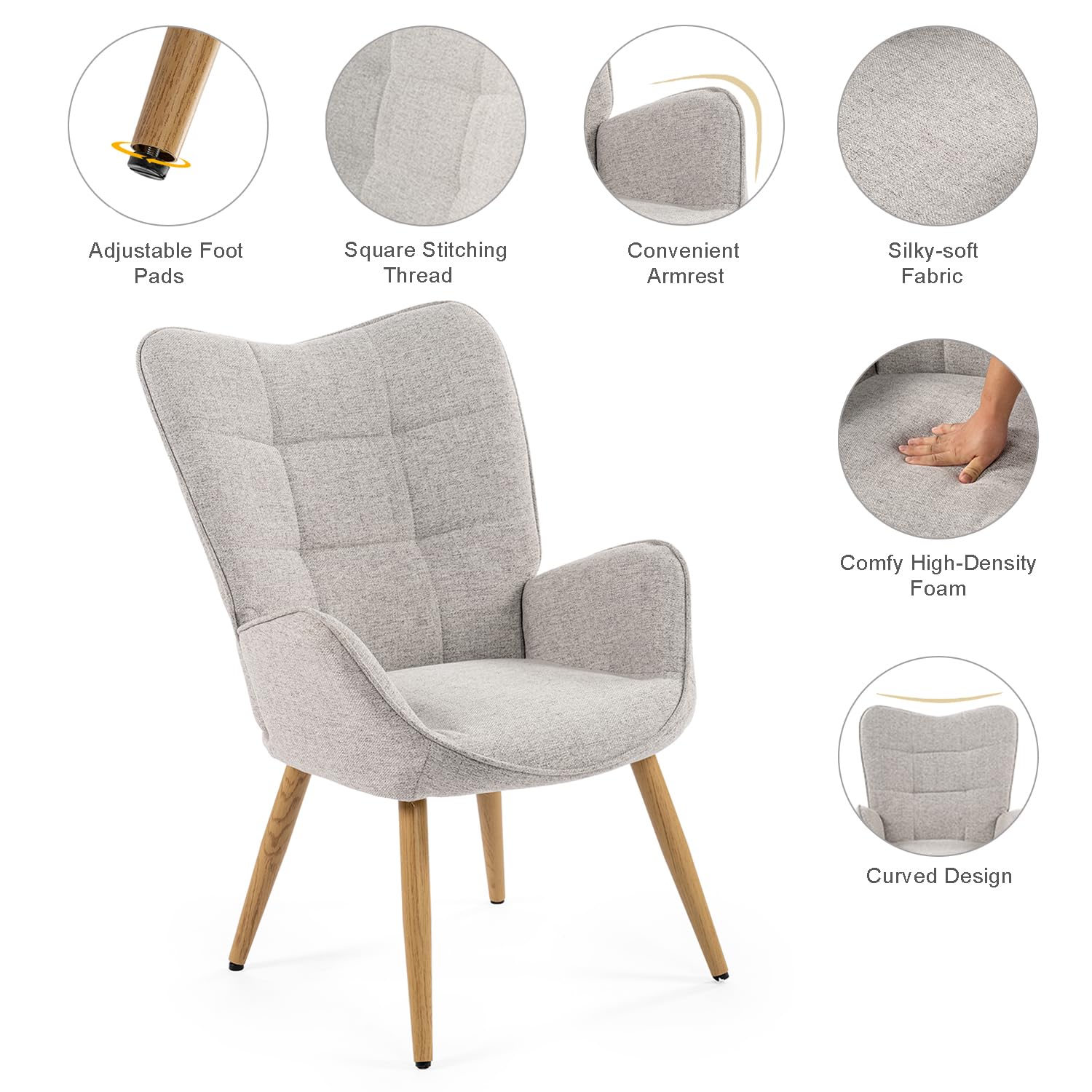 MEUBLE COSY Fotel do salonu krzesło akcentujące z wysokim oparciem skrzydła i wyściełanymi podłokietnikami, drewniane nogi, pojedyncza sofa do czytania sypialni, tkanina, szary