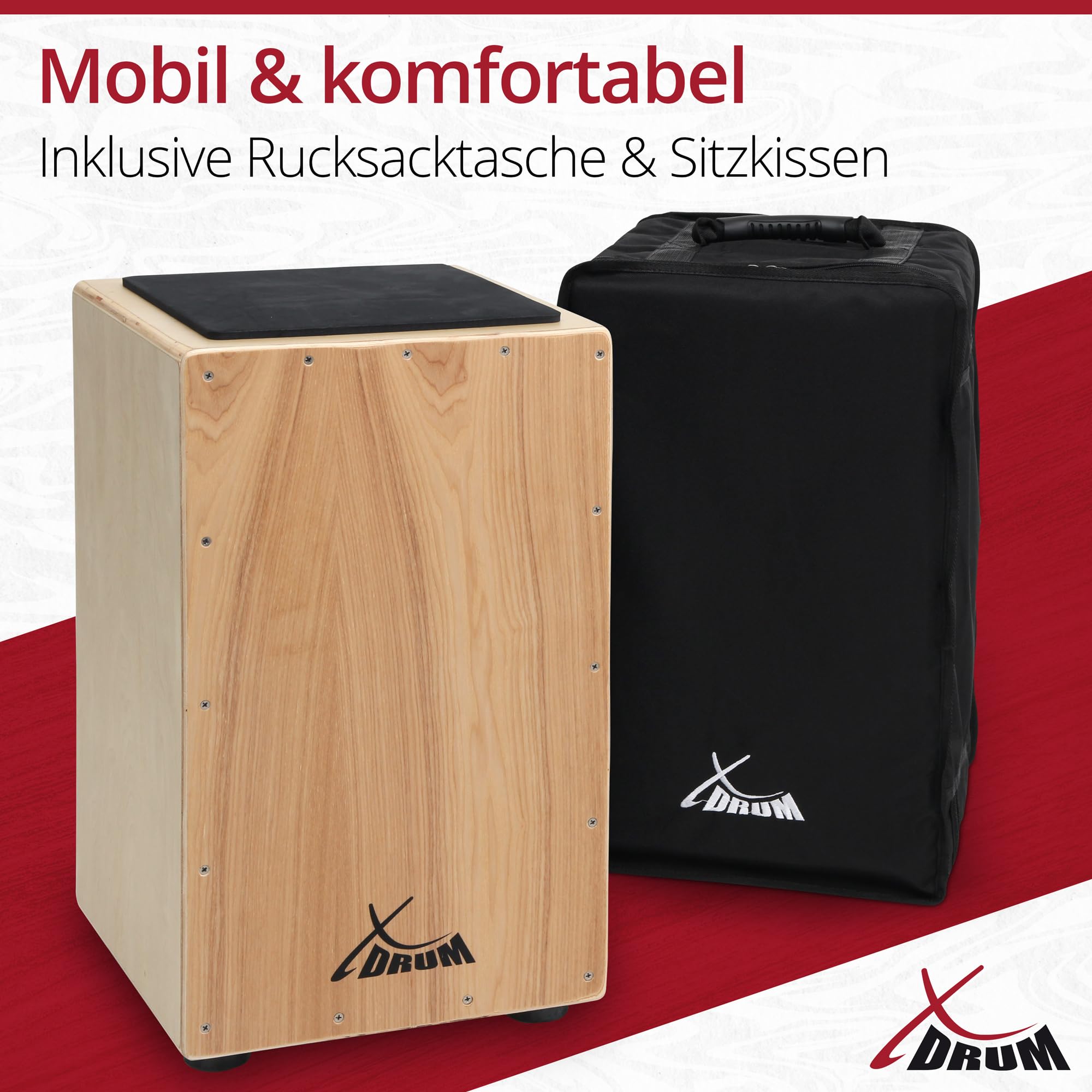XDrum Cajon Primero Natur - Kistentrommel inkl. Rucksacktasche und Schule - Trommelkiste mit Snare Sound - Holz Drum Kiste mit Gigbag