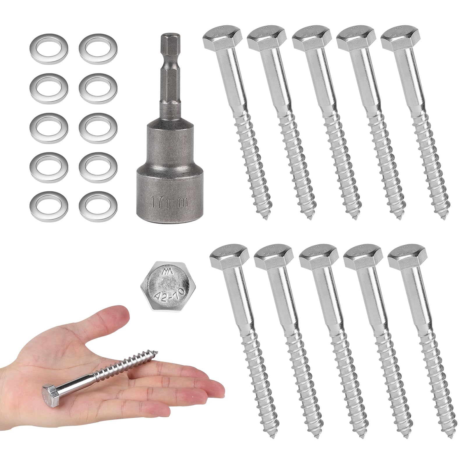 MIGUBIGU Hexagon Wood Screws Stainless Steel M10 x 100 mm with Sealing Washer and Hex Socket Spanner Key Screws Hexagonal Screws Stainless Steel Screws Wood Pack of 10