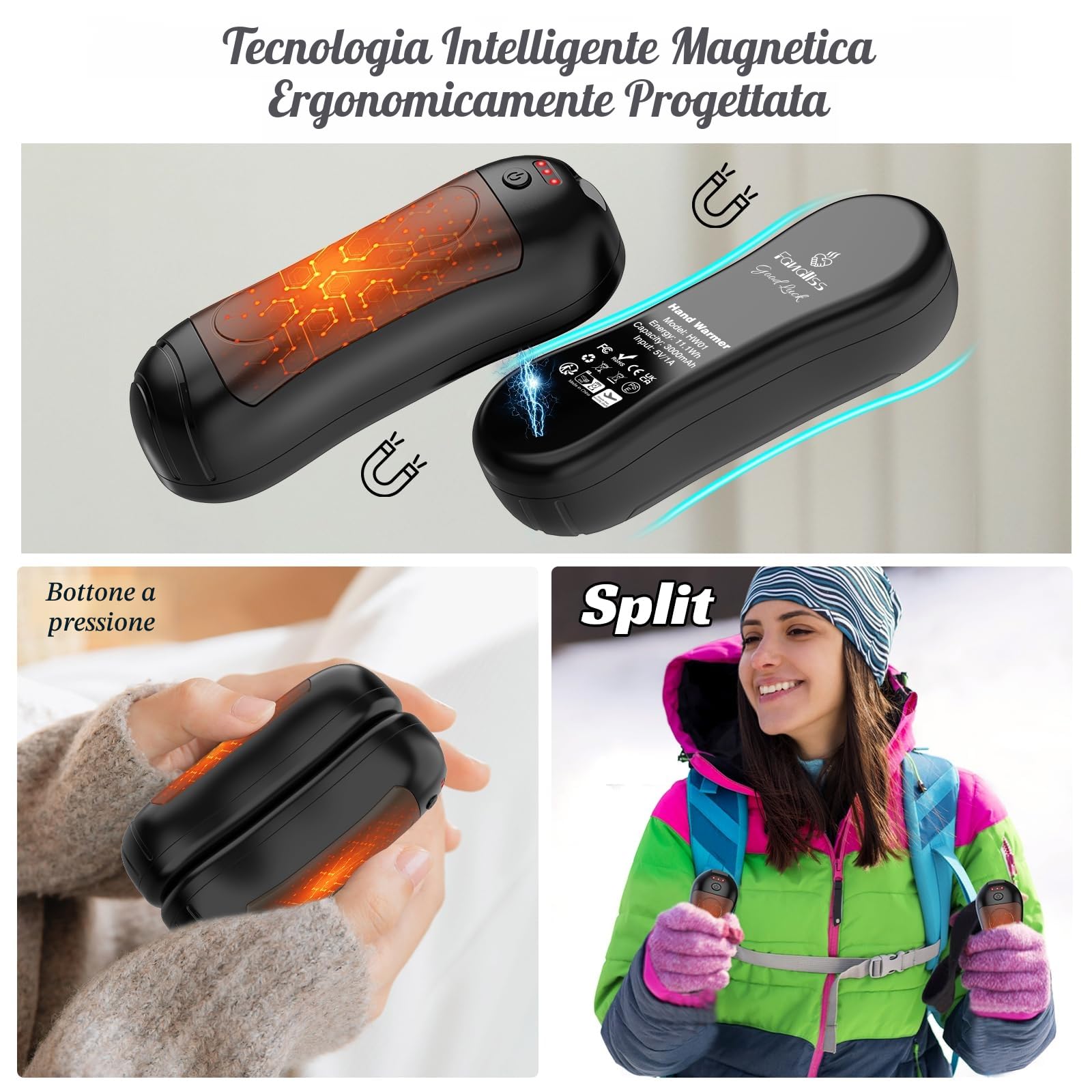Scaldamani elettrici, riutilizzabili, 6000 mAh, USB, ricaricabile, design magnetico, portatile, per Natale, attività all'aperto, campeggio, ecc. Nero