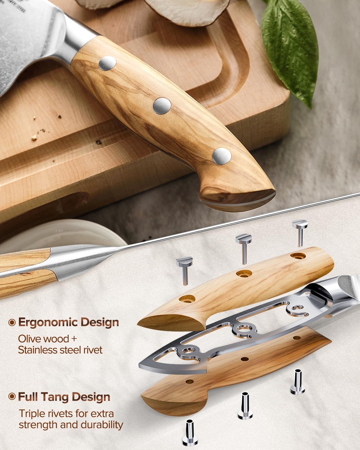 XINZUO 18,5cm Cuchillo Santoku Profesional Acero Compuesto Cuchillo de Cocinero de Cocina Acero Inoxidable de Alto Carbono -para Carne, Verduras, Pescado y Fruta -Mango Ergonómico de Madera de Olivo