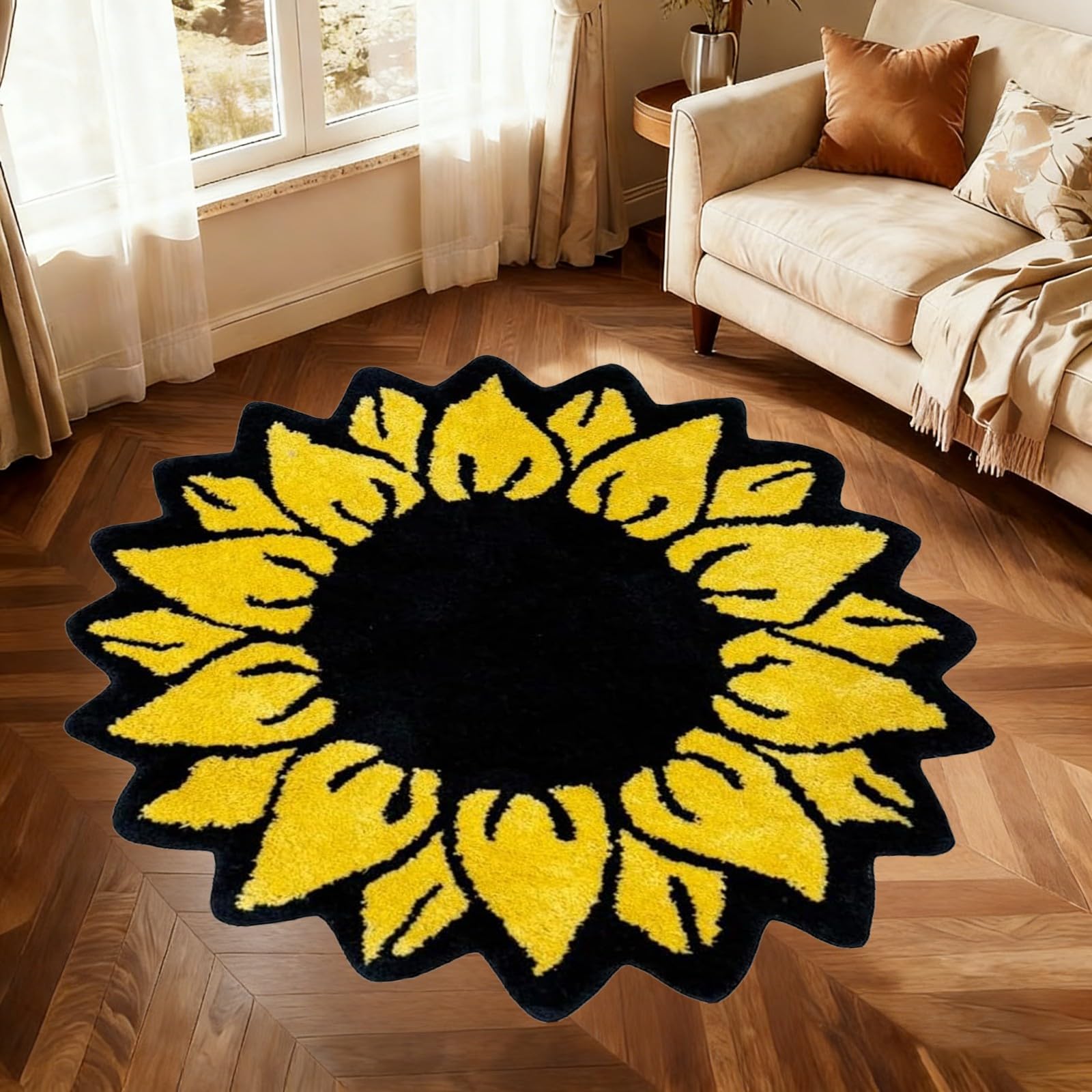 WAOTMN 180cm Washable Sunflower Yellow Round Rugs for Living Room Non Slip Floral Pattern Small Circle Rug,Durable Pet Friendly Round Mats And Rugs for Girl Bedroom Bedside Dressing Table