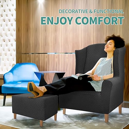 Miniatura 2 de YEMYHOM 1 funda elástica para silla con respaldo de ala + funda otomana de tamaño pequeño (negro)