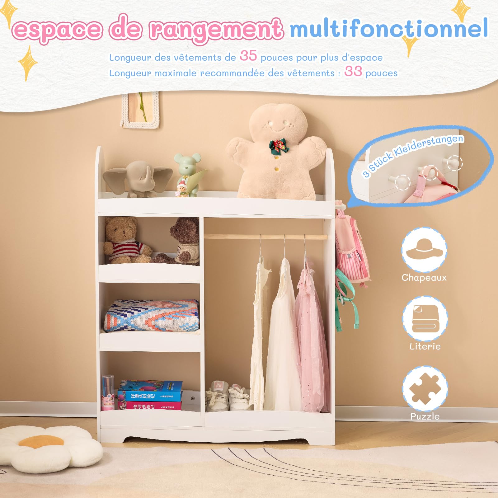 LALAHO Armoire Enfant avec Portant Vêtements Garde-Robe，Dressing penderie Enfant avec 4 Étagères et 3 Crochets（Blanc）