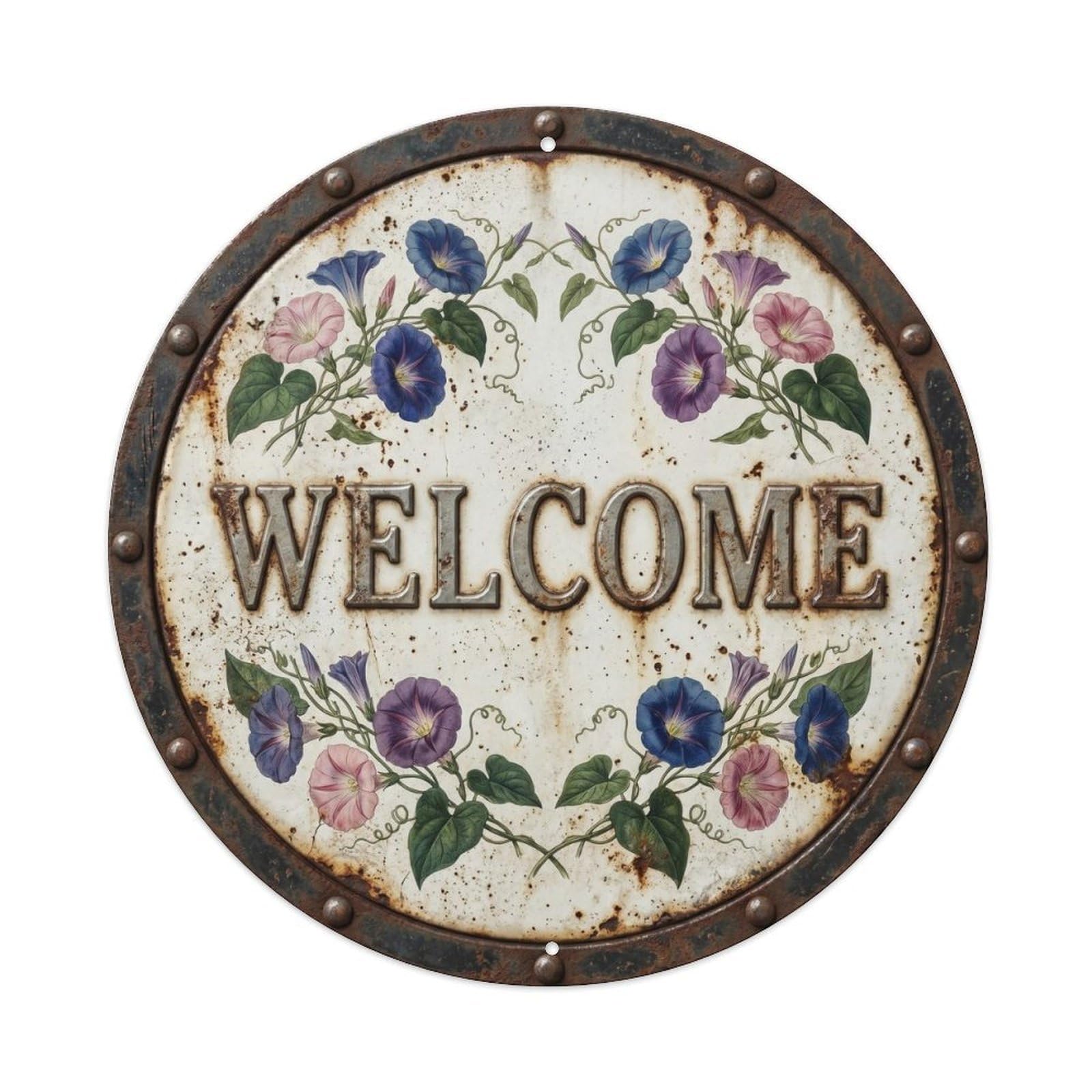 Welcome Botanical Floral Greeting Label Morning Glory Metal Tin Sign