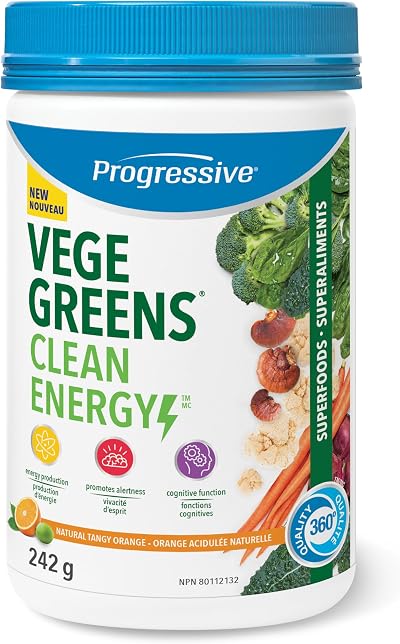 Progressive VegeGreens Clean Energy Natural Tangy Orange Flavour 242 g | Energy Production, Promotes Alertness and Cognitive Function