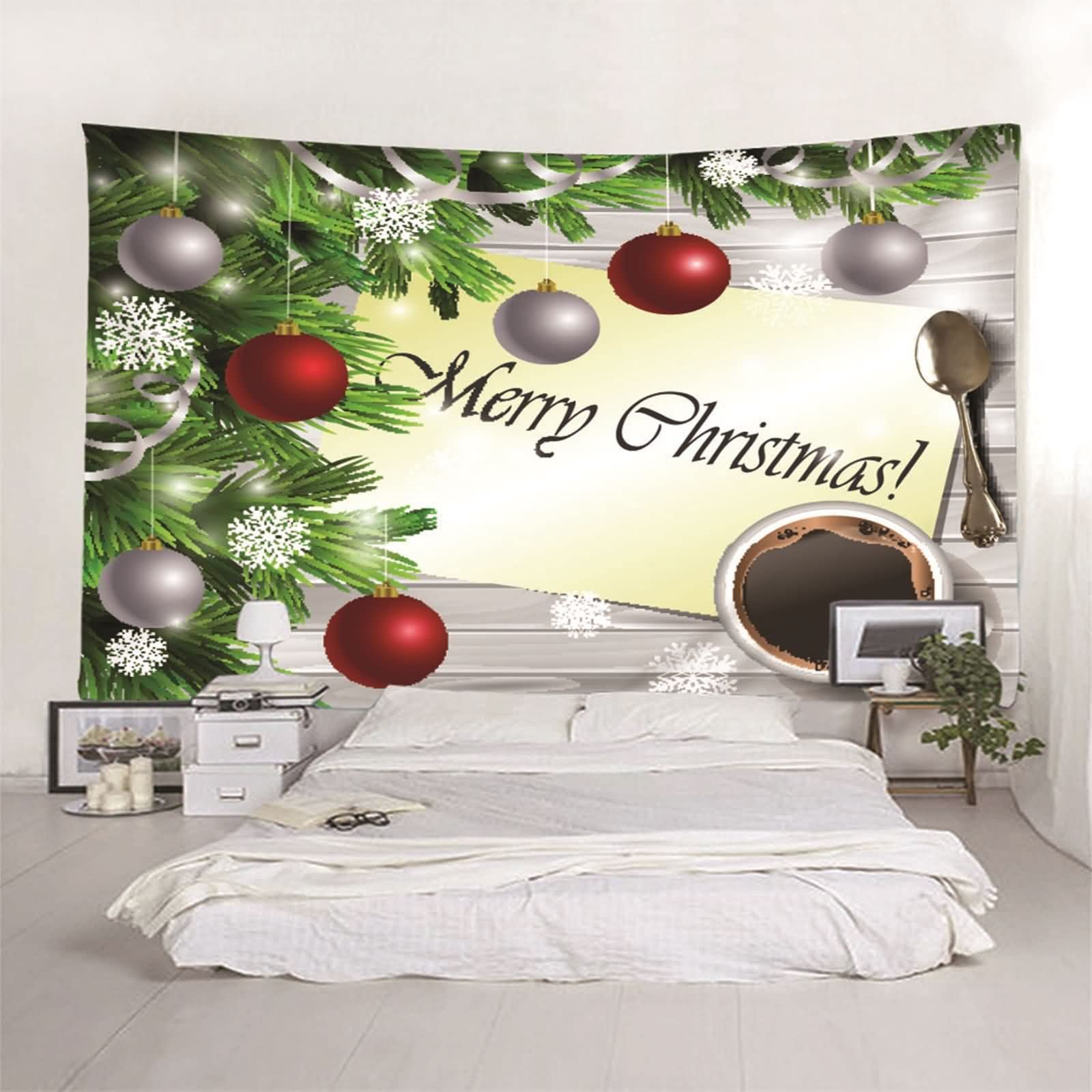 Noël Tapisserie Intissee Tenture A Crochet Boule De Noël Flocons De Neige Café Tapisserie Decorative Tentures Murales Grande Surface Marron Gris Vert Rouge Décorations De Noël 200X200Cm