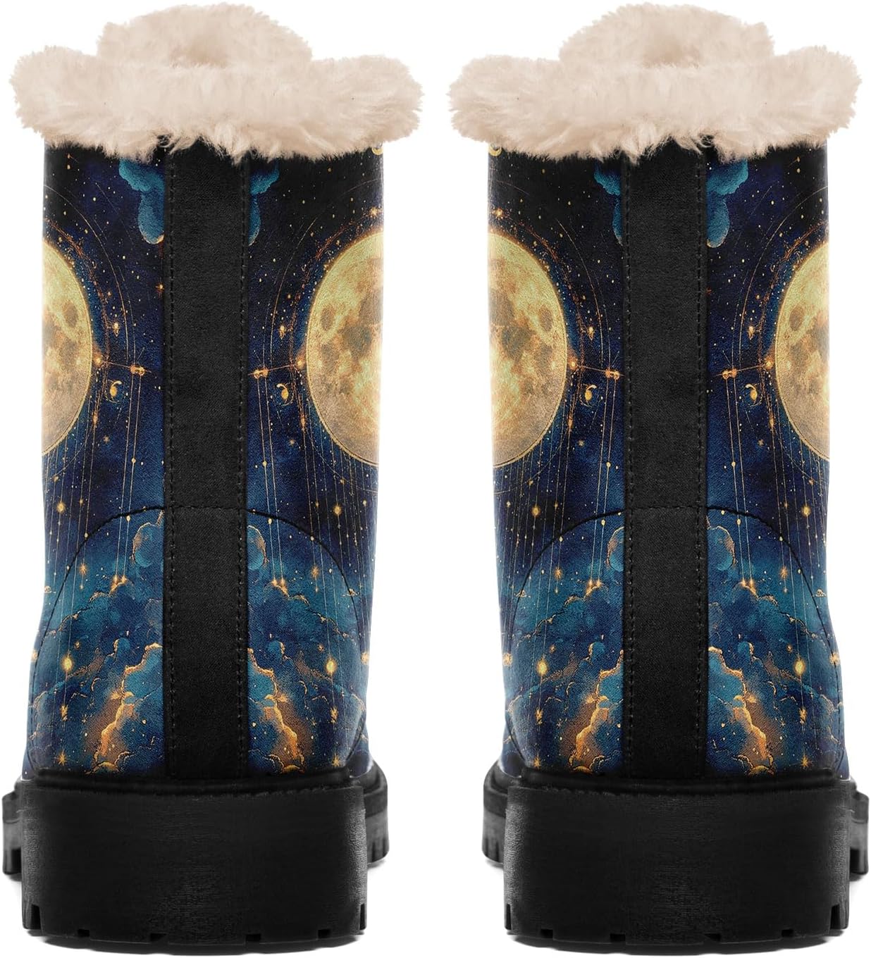 Women's Sun and Moon Winter Boots Celestial Faux Leather Ankle Boots Warm Fur Lining Non-Slip Boho Lace-Up Snow Booties - Image 4