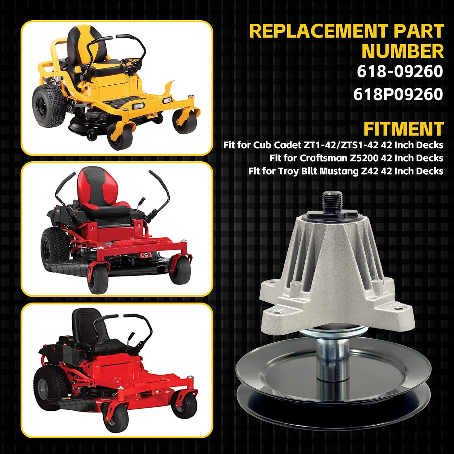 618-09260 42" Mower Deck Spindle Assembly Compatible with Cub Cadet ZT1-42 ZTS1-42 MTD Craftsman Z5200 Troy Bilt Mustang Z42 42 Inch Decks Zero Turn Mower #618P09260 (2 Pack Spindle)