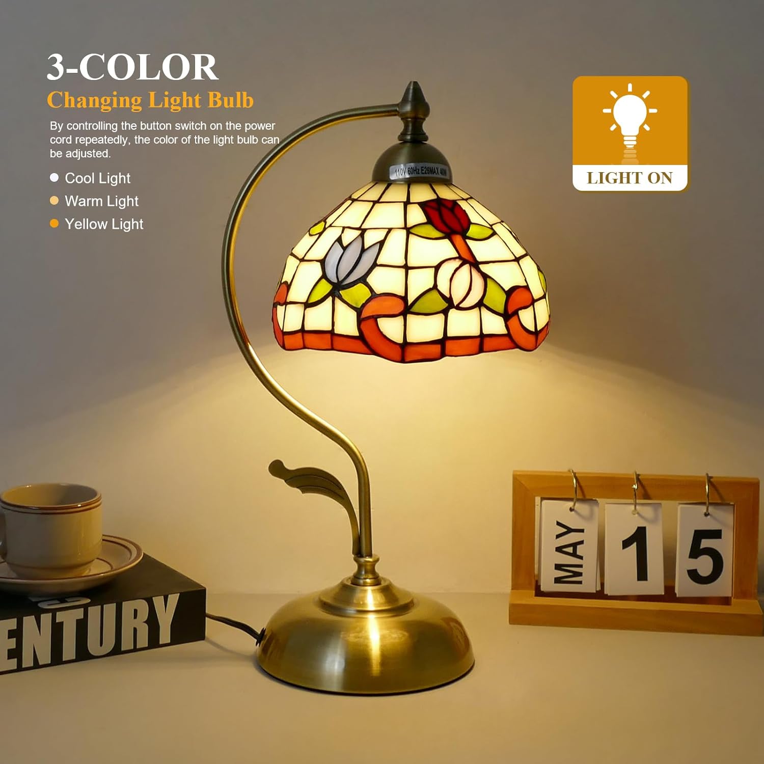 Tiffany Table Lamp Beautiful Flowers 8 Inch Wide Vintage Curved Reading Lamp Bedside Table Lamp Night Light Gifts Stained Glass Lamp Antique Art Craft 17 Inch Tall, LED Bulb Included
