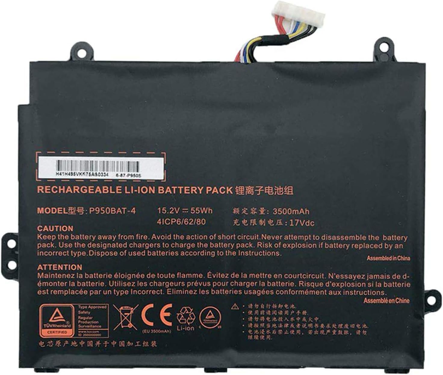 P950BAT-4 6-87-P950S-51E00 6-87-P950S-51E01 Laptop Battery Replacement for Clevo Eurocom Q5 Q6 P950HP6 P955ER Hasee KINGBOOK T96E T97 Sager NP8950 NP8952 Schenker Key 15 Serie(15.2V 55Wh)