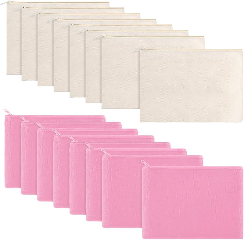 meekoo 16 Necessaires de lona com zíper, tamanho grande, bege e rosa