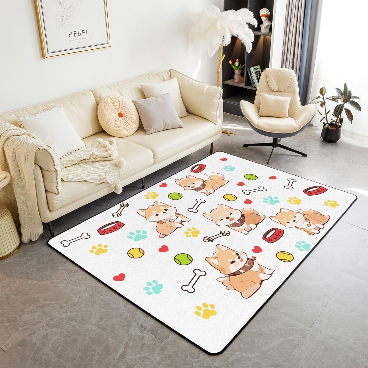 Cute Corgi Area Rug 3'x5'(100cmX150cmX1cm),Cartoon Dog Footprint Bones Non Slip Carpet for Kids,Smiling Doggy Decor Rug for Living Room Bedroom Playroom Backyard