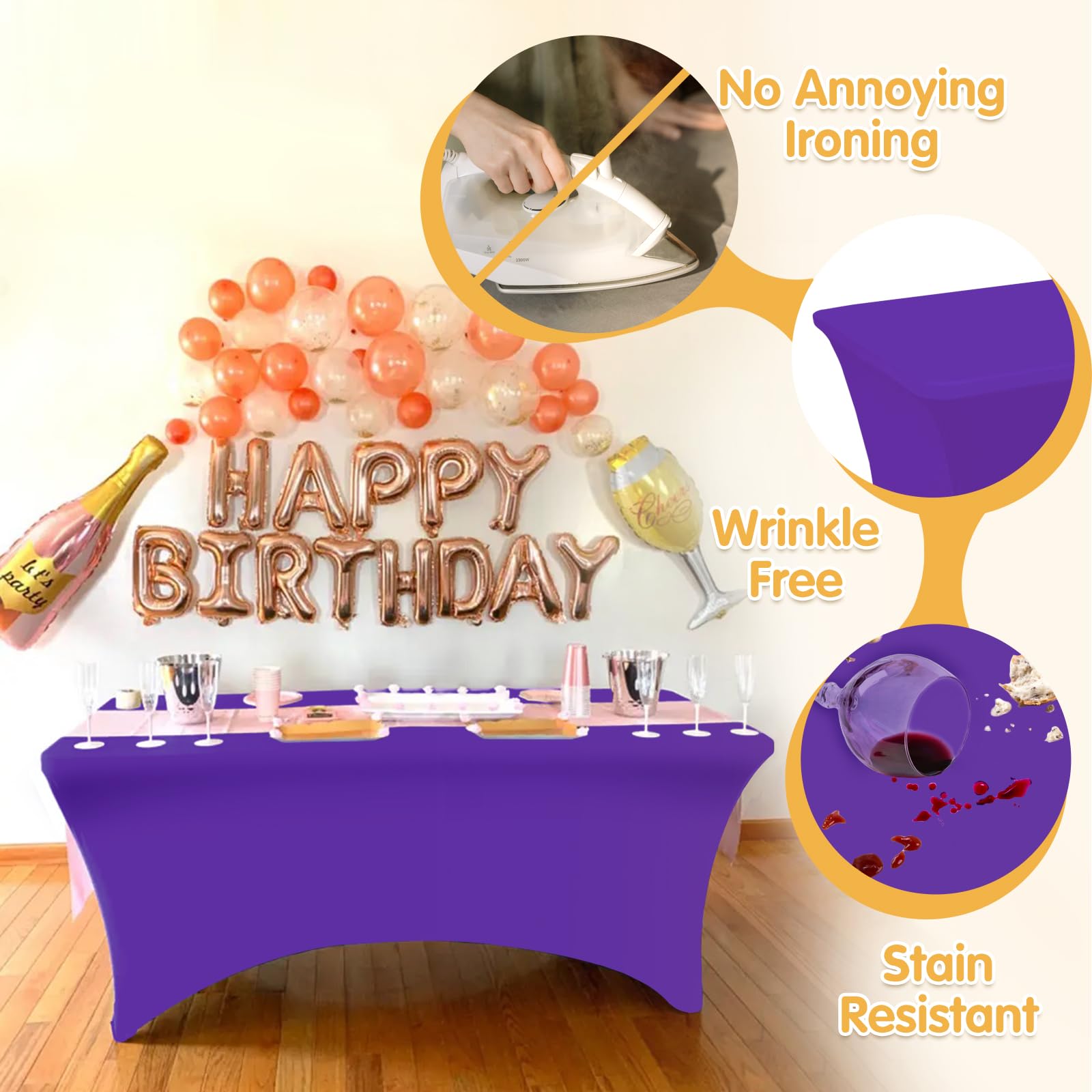 Paquete de 6 manteles de elastano ajustables de color morado, manteles elásticos de 6 pies para mesas rectangulares de 6 pies, tela de lino elástica para bodas, banquetes, fiestas de cumpleaños, bufés