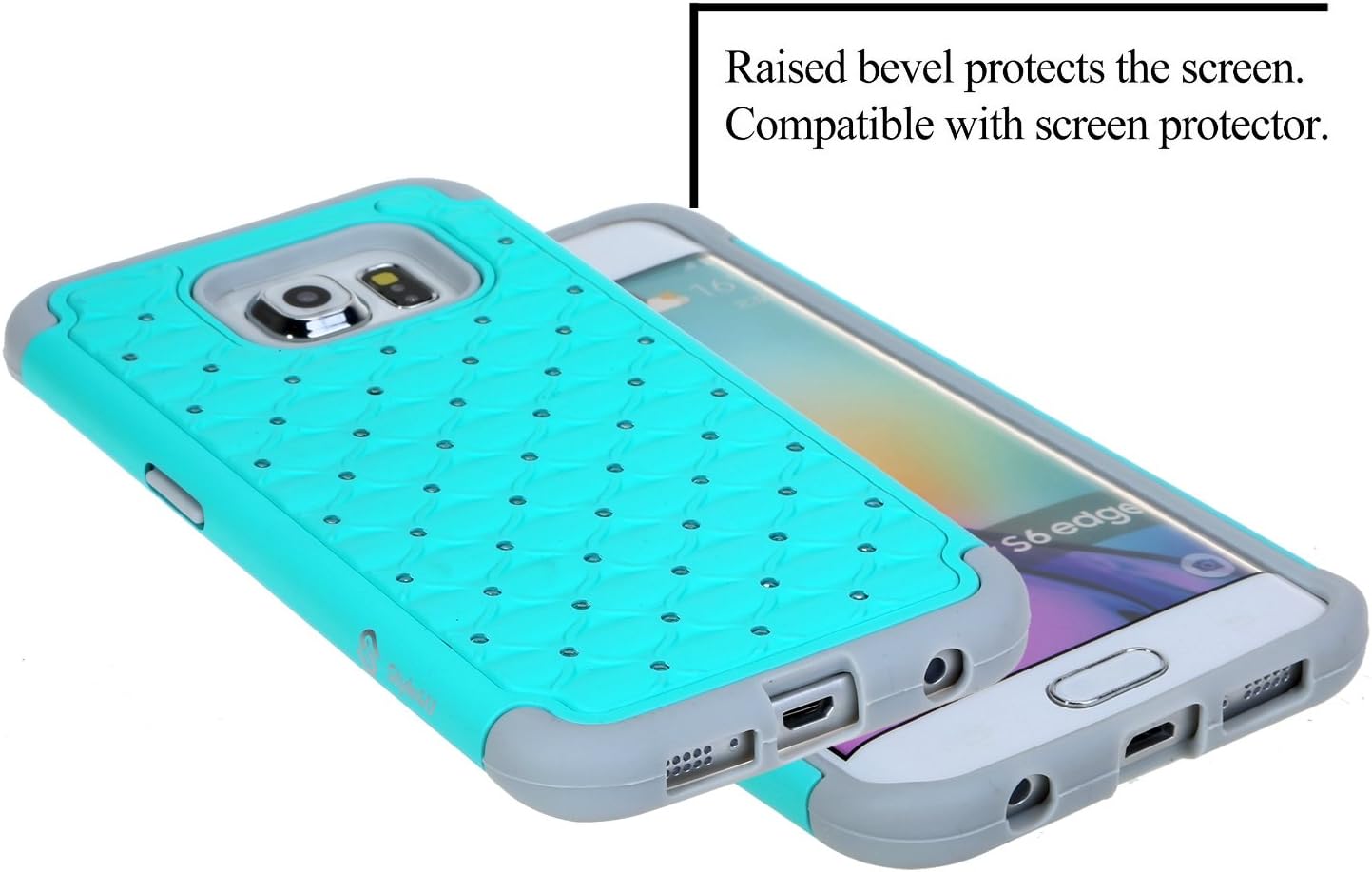 S6 Edge Case, Galaxy S6 Edge Case, Style4U Galaxy S6 Edge Studded Rhinestone Crystal Bling Hybrid Armor Case Cover for Samsung Galaxy S6 Edge with 1 Style4U Stylus [Mint Green/Grey]