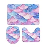 3 Pieces Bathroom Rugs Sets Pink Purple Blue Mermaid Scales Pattern Soft Memory Foam Toilet Mat 16