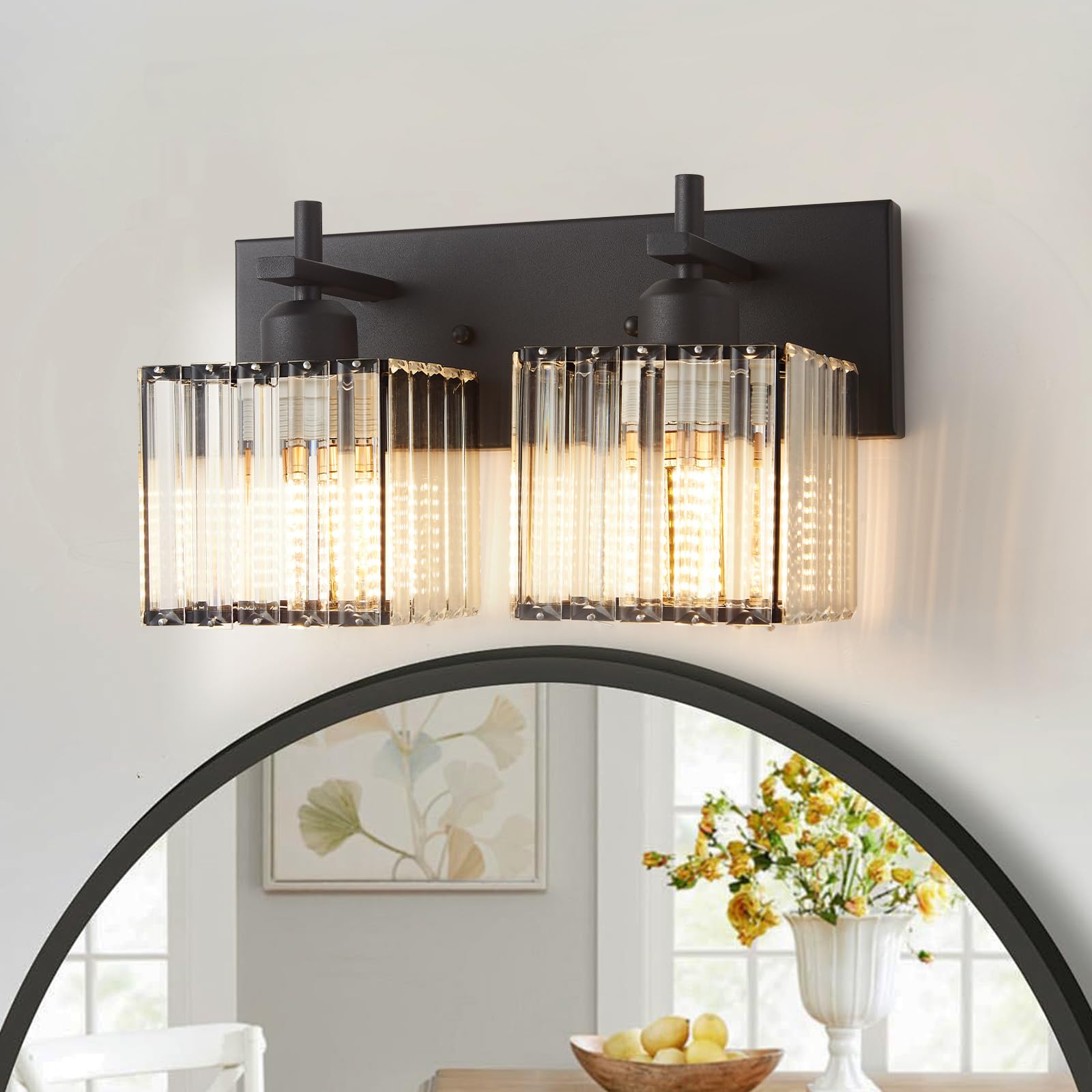 SENKERFAN 2 Lights Modern Bathroom Vanity Light,MatteBlack Crystal Wall Light,Over Mirror Light Fixtures for Living Room, Bedroom, Hallway