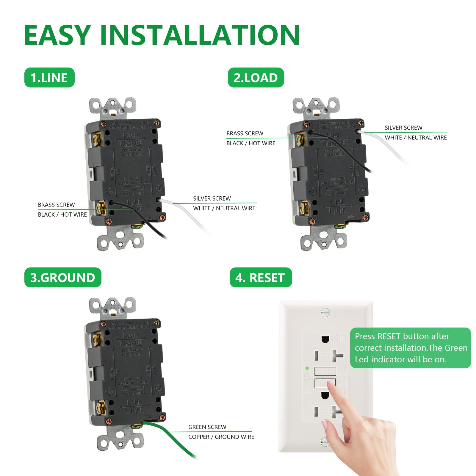 Wengart GFCI Outlet 1pack,125VAC 20Amp,Weather-Resistant And Tamper-Resistant Self-Test LED Indicator,Ground Fault Electric With Decor Wall Plates And Screws,Meet UL2018,Back &Side Wire,White - View #7