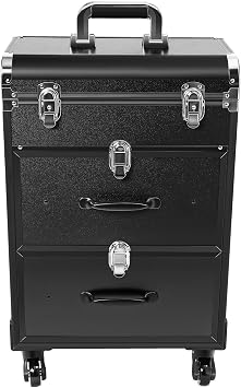 Makeup Train Case,Rolling Beauty Salon Luggage Hairdressing Trolley Travel Organizer Tool Box Cosmetic Luggage for Professional Hairdressers, Nail Technicians, Beauticians Black Small
