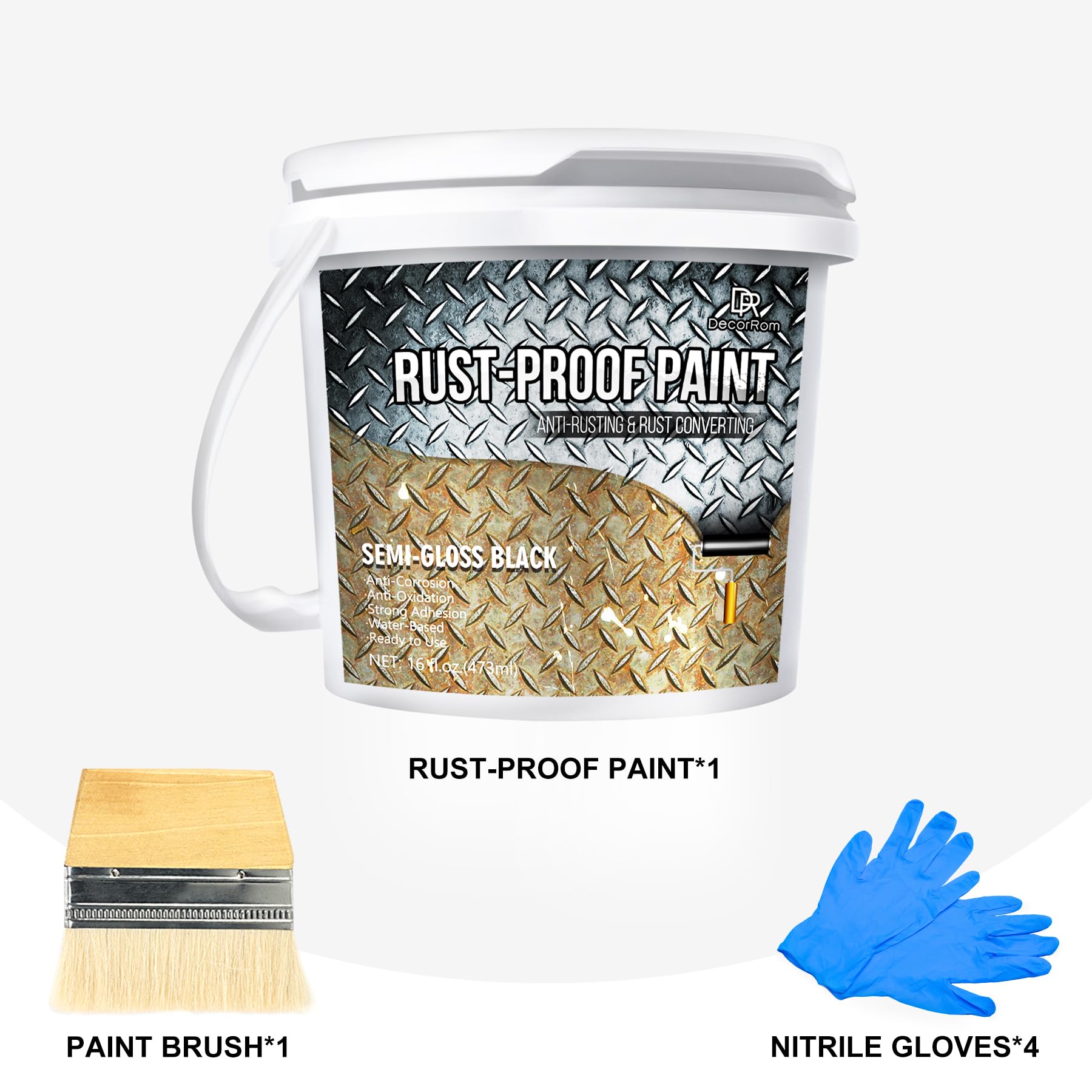 DecorRom Rust Converter Paint - Convertitore di ruggine da 473 ml per metallo, riformatore e primer a base d'acqua, rivestimento nero semi-lucido, incapsula l'ossidazione su ferro, acciaio per la
